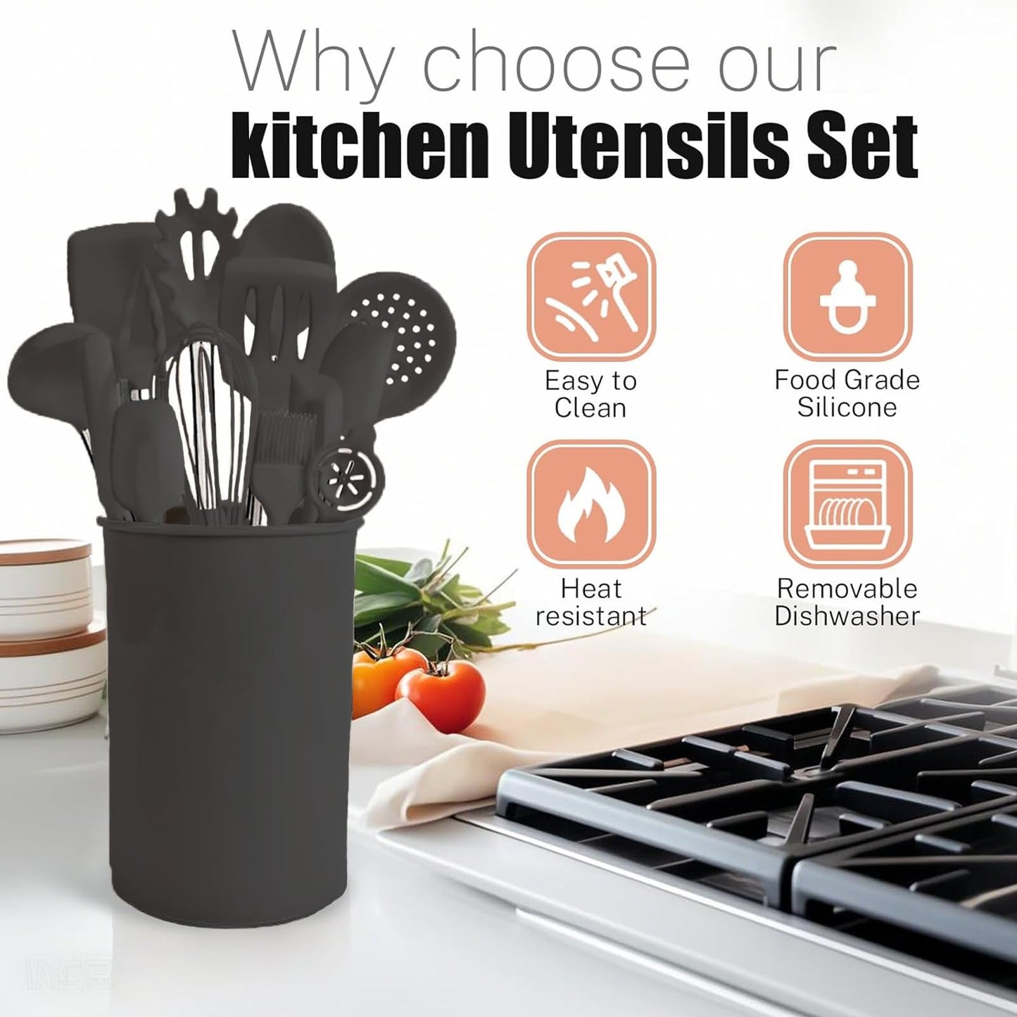 Silicone Kitchen Cooking Utensils Set with Stainless Steel Handle, Spatula Set Utensil Set, Cooking Utensil Set,Kitchen Tools Gadgets for Nonstick Cookware (35, Black)