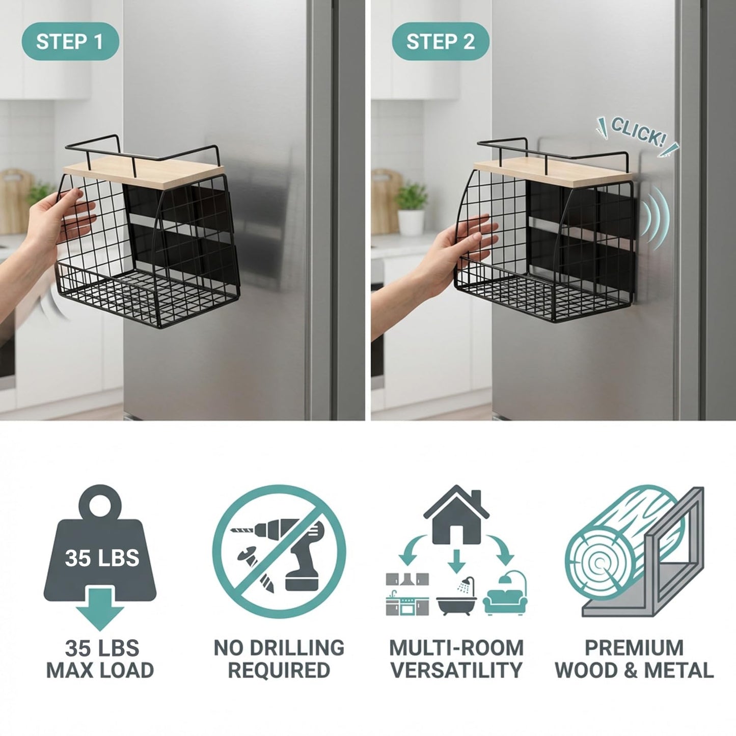 REFGY Magnetic Shelf for Fridge - 35LBS Max Load Magnetic Basket for Refrigerator Side, Large Magnetic Spice Rack with Removable Hooks & Top Natural Texture Board.