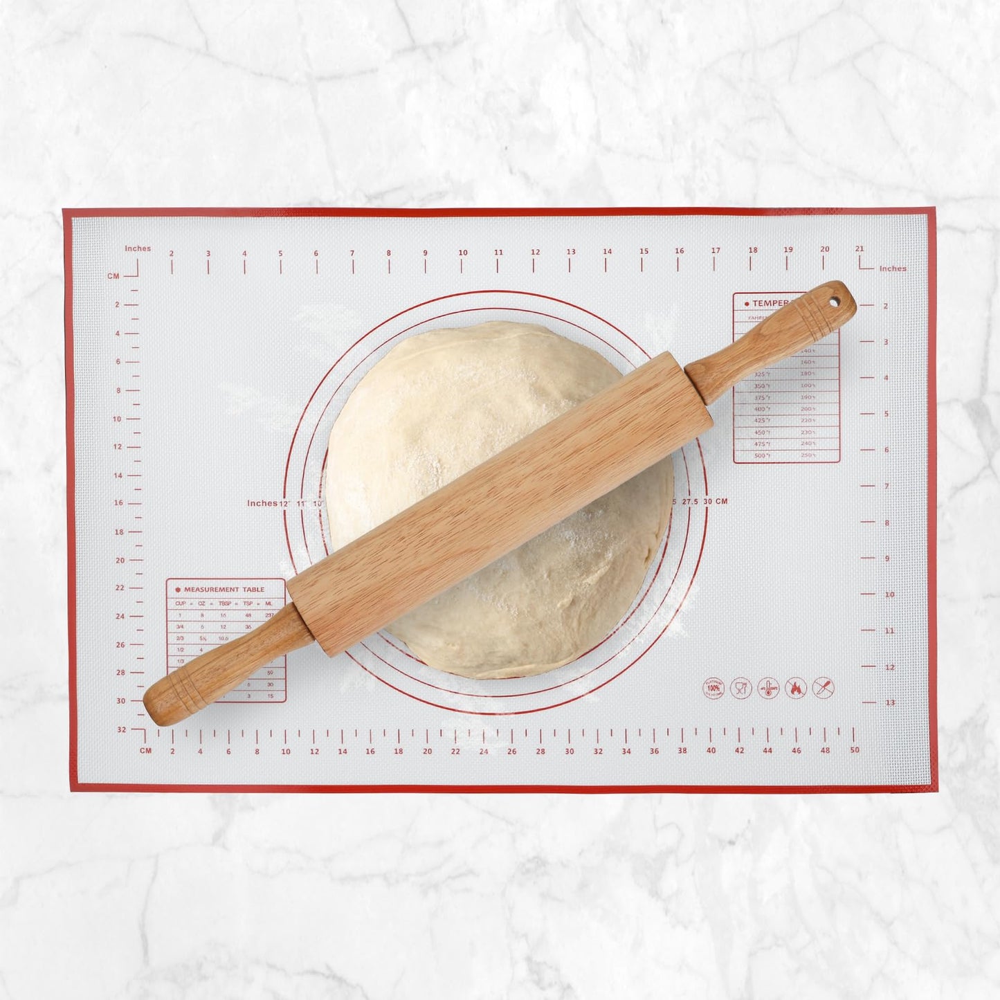 GreatChef Wood Rolling Pin 17.8 Inch for Dough with Pastry Scraper/Cutter & 2 PCS Heat-resistant Silicone Baking Mat, Non-stick, for Cookie, Pie, Macaroon, bread, Baking Pasry Tools Set