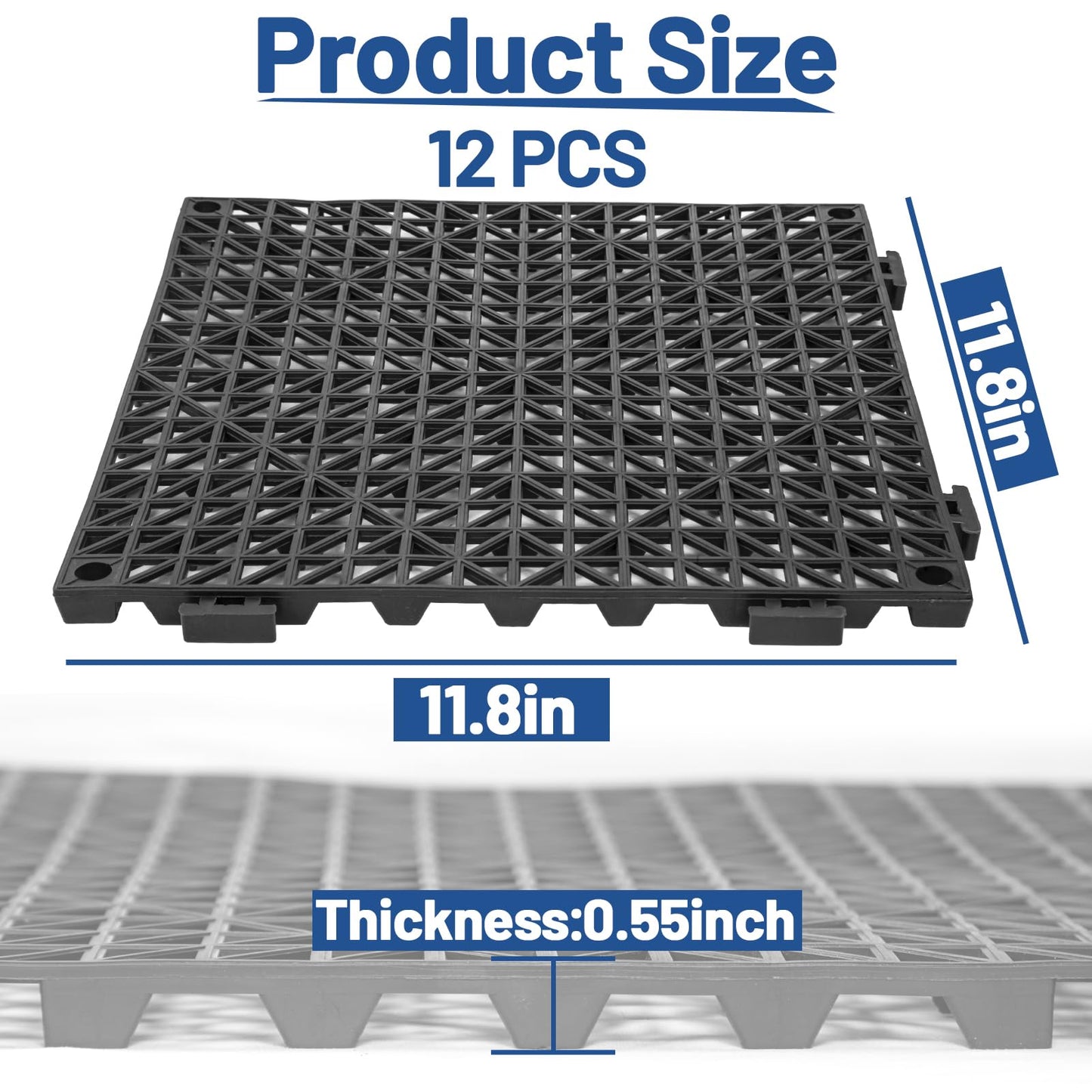 12Pcs Drainage Interlocking Floor Tiles 11.8" x 11.8", Modular Interlocking Cushion Soft PVC Floor Non-Slip Splicing Waterproof Mat for Drain, Pool, Shower, Patio, Balcony, Bathroom, Kitchen, Yard