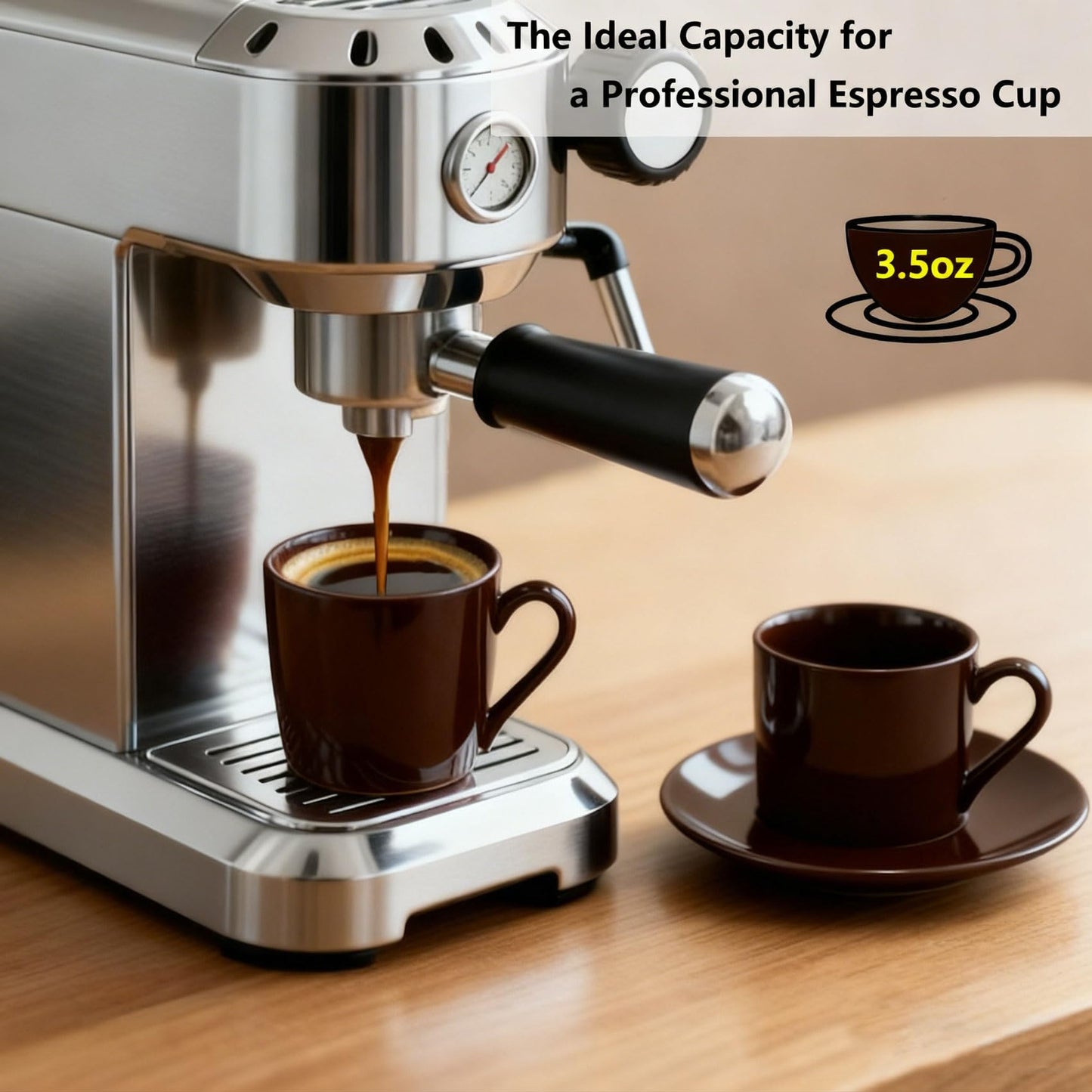 Porcelain 3.5oz Espresso Cups Set of 2 with Matching Saucer, Ceramic Demitasse Espresso shot Cups for Turkish, or Italian Coffee- Microwave Dishwasher Safe,Brown