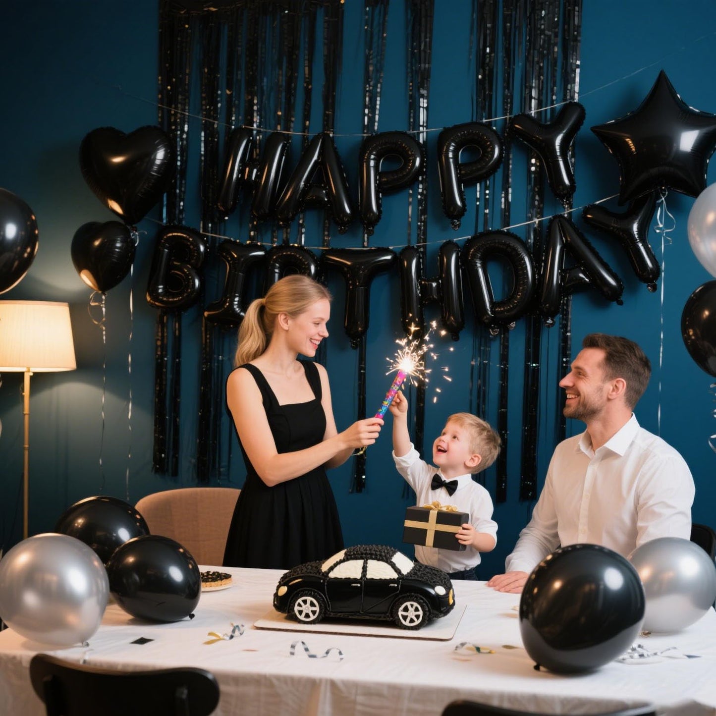 WEIKA 29 Pcs Black Birthday Party Decorations - Happy Birthday Balloons Banner, Heart & Star Foil Balloon, Confetti & Latex Balloons, Foil Fringe Curtains Party Supplies for Men