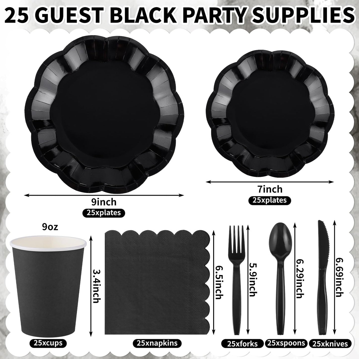175 Pcs Black Plates and Napkins Set, 25 Guest Black Party Supplies Include 9" Dinner Plates and 7" Dessert Plate Paper Napkins Cup Disposable Plastic Cutlery for Wedding Birthday Graduation Party