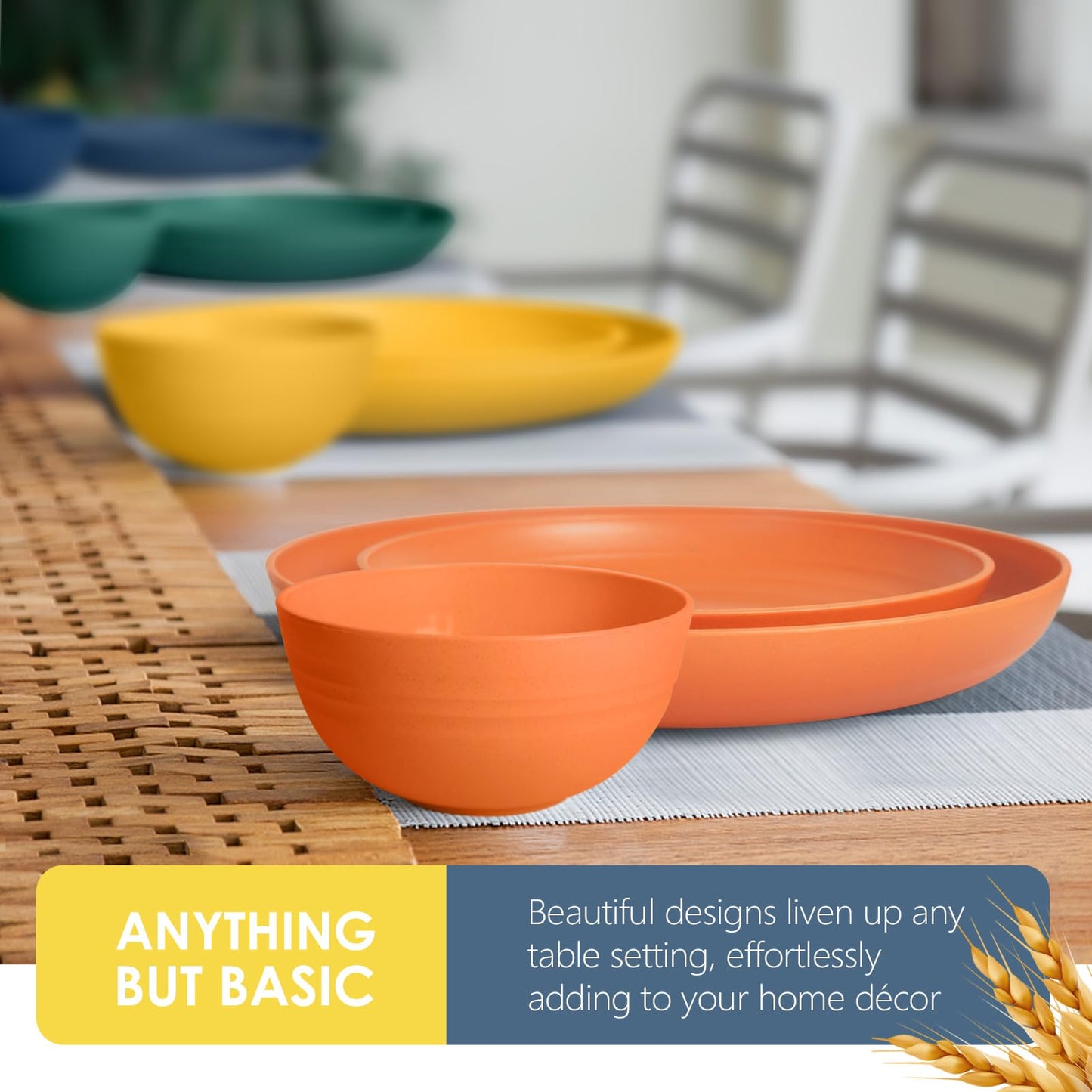 Teivio 48-Piece Kitchen Wheat Straw Dinnerware Set, Service for 12, Dinner Plates, Dessert Plate, Cereal Bowls, Cups, Unbreakable Colorful Plastic Outdoor Camping Dishes, Autumn Multicolor