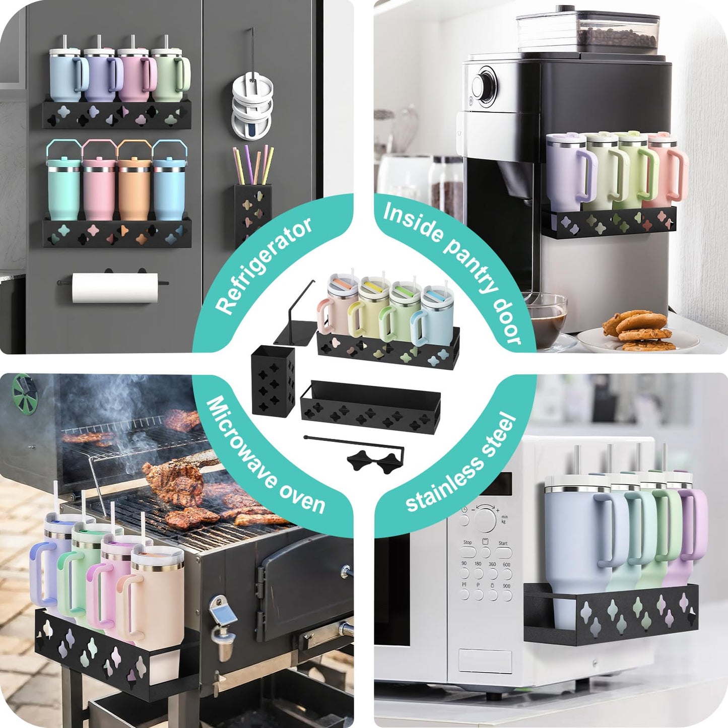 Magnetic Water Bottle Organizer for Fridge, Cup Holder for Stanley 30 40 Oz with Tumbler Lid & Straw & Paper Towel Holder, 8 Tumblers Kitchen Storage Rack for Stanley Cup Accessories, Space-Saving