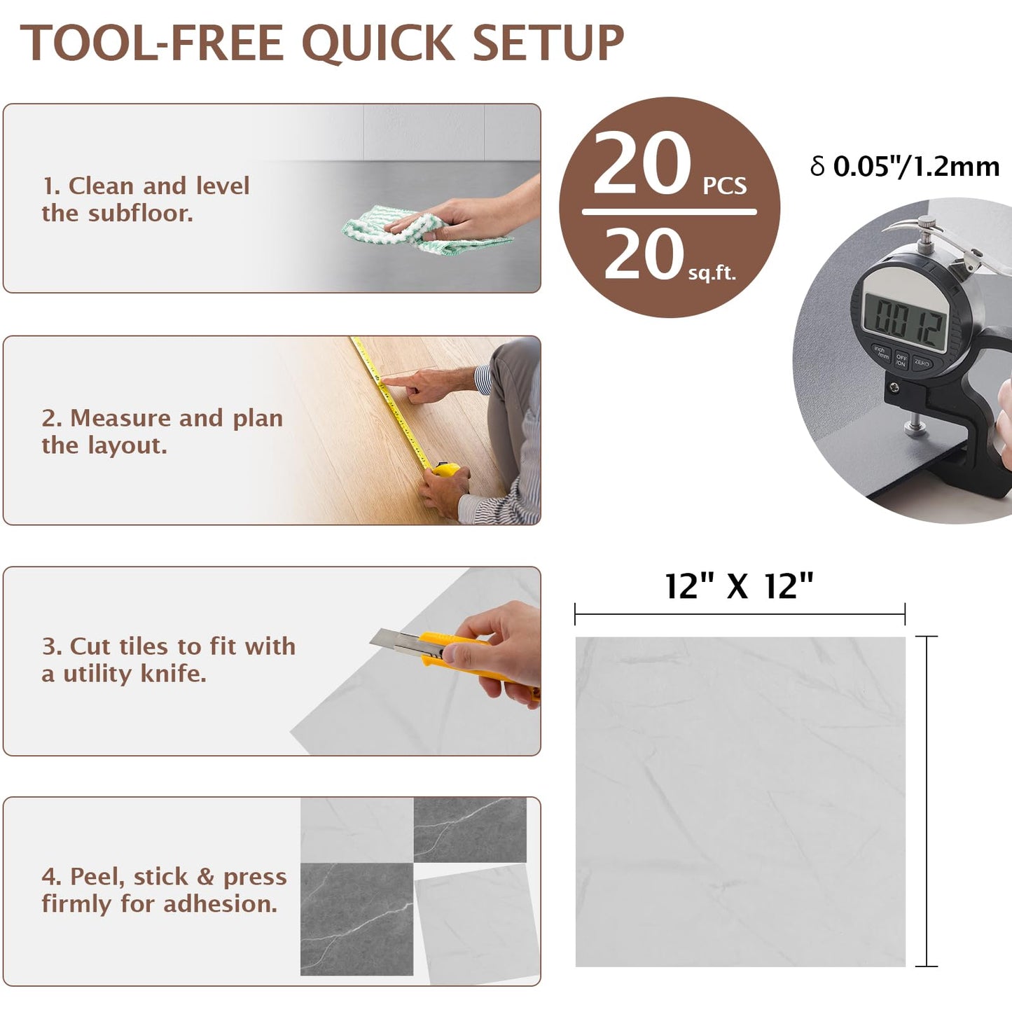 Fablioflo Peel and Stick Floor Tile, 20 PCS 12" x 12" Checkered Waterproof Marble Texture Luxury Vinyl Tiles, Easy DIY Self Adhesive Vinyl Flooring for Bathroom, Kitchen, Living Room, Dark Gray/White