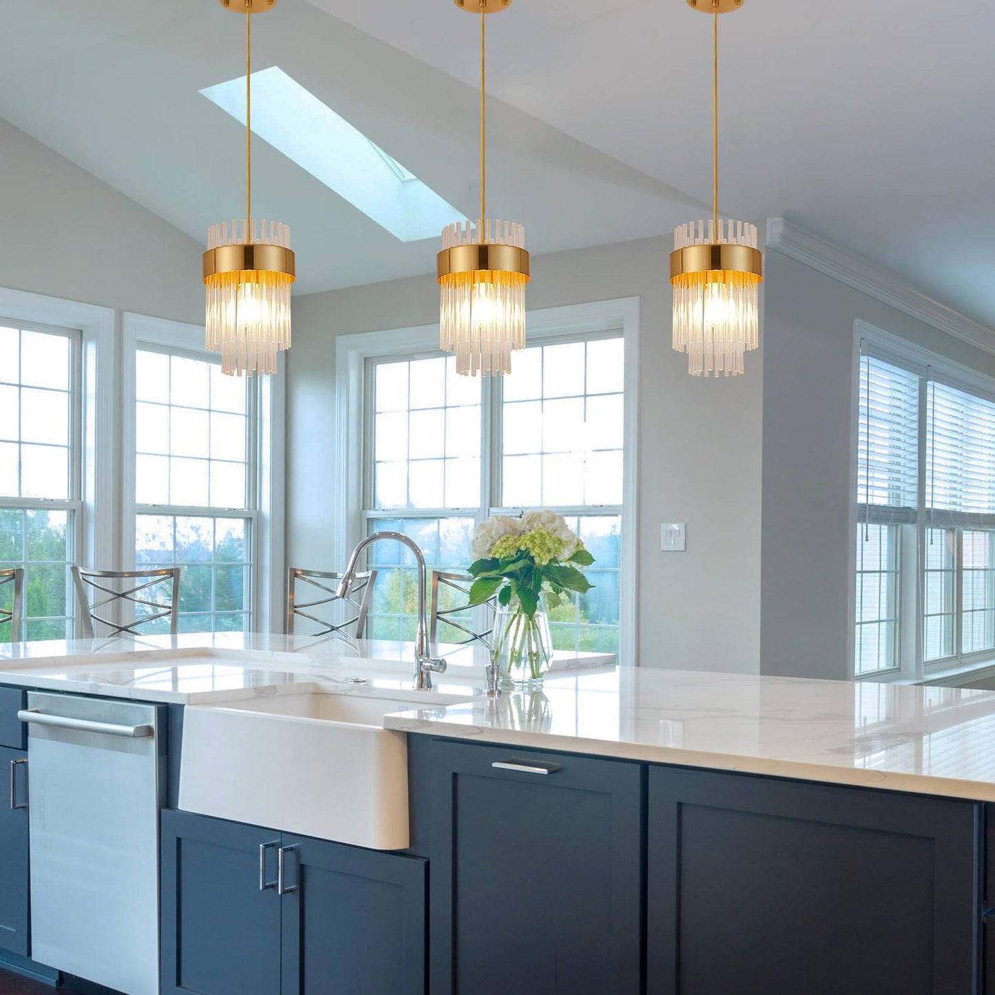 Dijiahua Pendant Lights Kitchen Island Gold 3 Pack,Crystal Pendant Light Fixtures Over Table, Mini Brass Dining Room 1-Light Chandelier,Modern Adjustable Cord Hanging Lamp for Bedroom,Sink