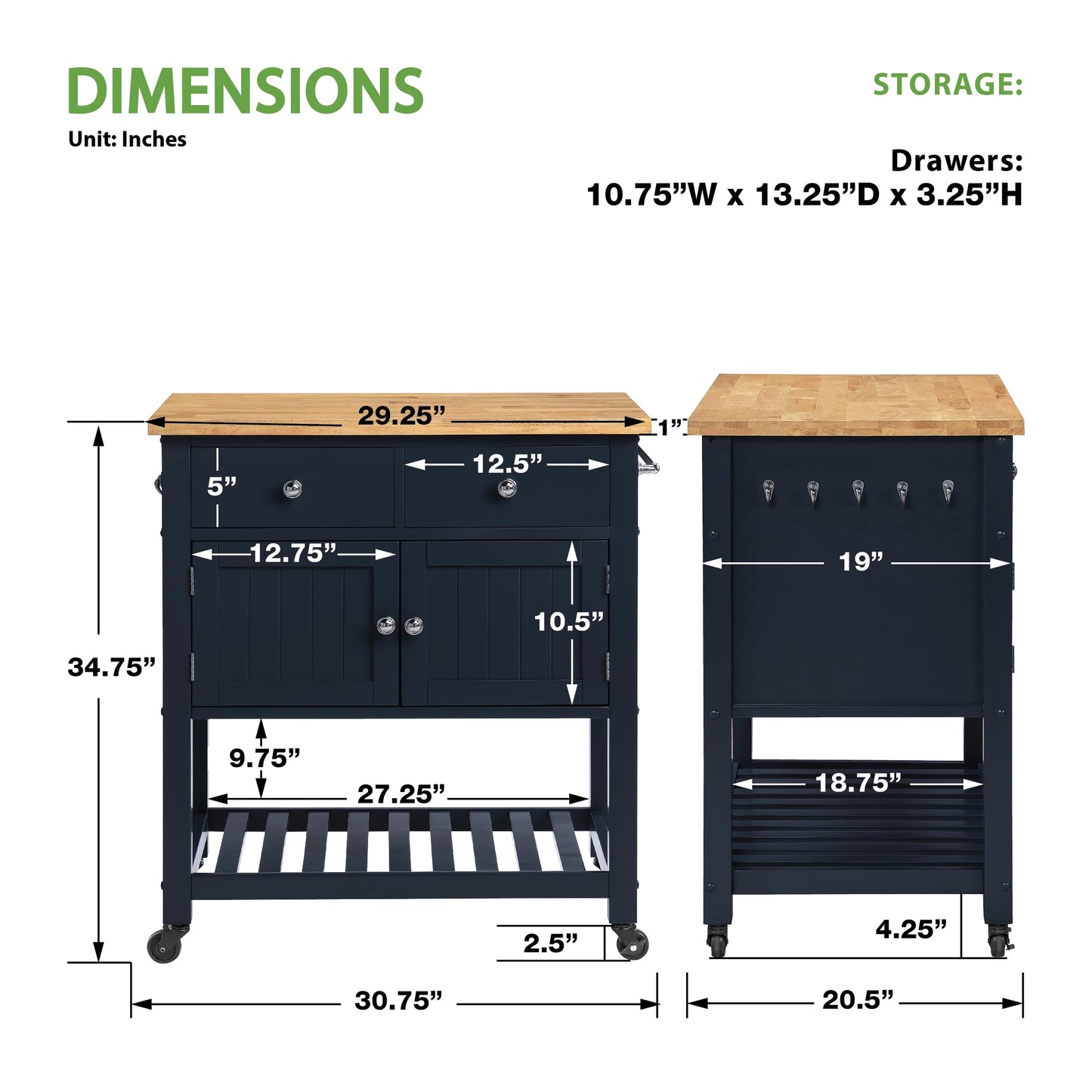 OSP Home Furnishings Stirling Farmhouse Kitchen Cart, Rolling Storage Cabinet with Drawers, Shelf, 5 Utility Hooks, Dark Blue with Natural Wood Top