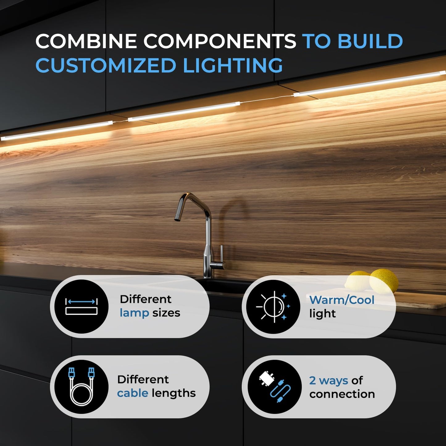 EShine Hand Wave Activated Under Cabinet LED Lighting Kit, Dimmable, 6-Pack 12 in - Touchless Dimming Control, Black Under Counter Lights for Kitchen, Garage, Office, Shelf - Warm White (3000K)