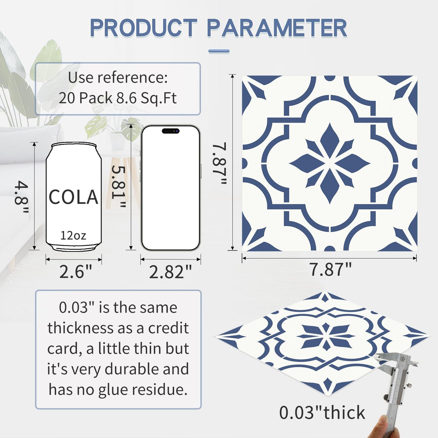 MORCART Peel and Stick Floor Tile, 20-Pack 7.87" x 7.87" Matte Vinyl Floor, Self Adhesive Waterproof Flooring DIY for Renter, Removable Tile Sticker for Bathroom, Kitchen, Bedroom, Wall (Blue Flower)