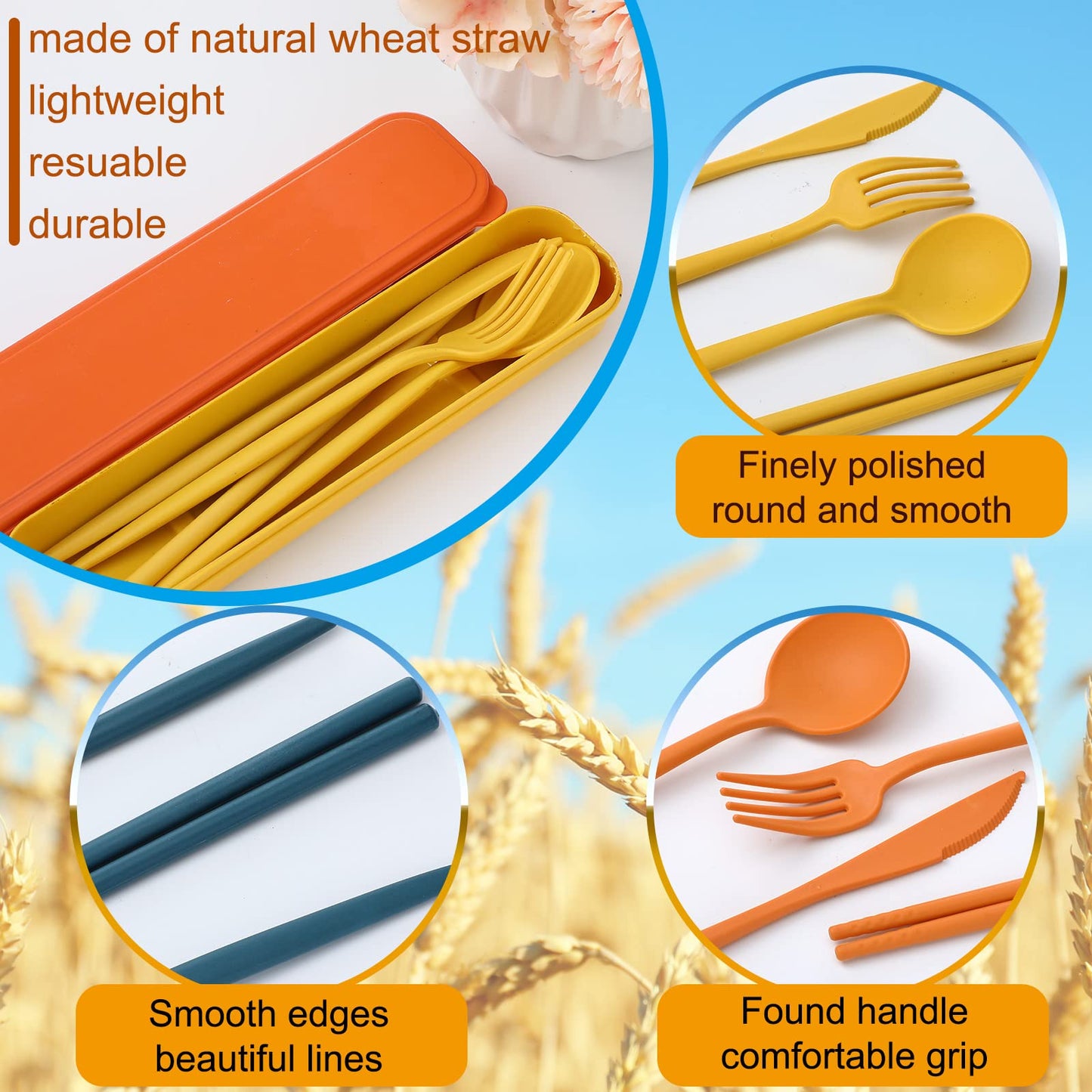 12 Sets Reusable Travel Utensils Set with Case (Knife, Fork, Spoon, Chopsticks), Wheat Straw Portable Plastic Camping Cutlery, Lunch Tableware for Kids Adults Daily Use, Gifts for Office Christmas