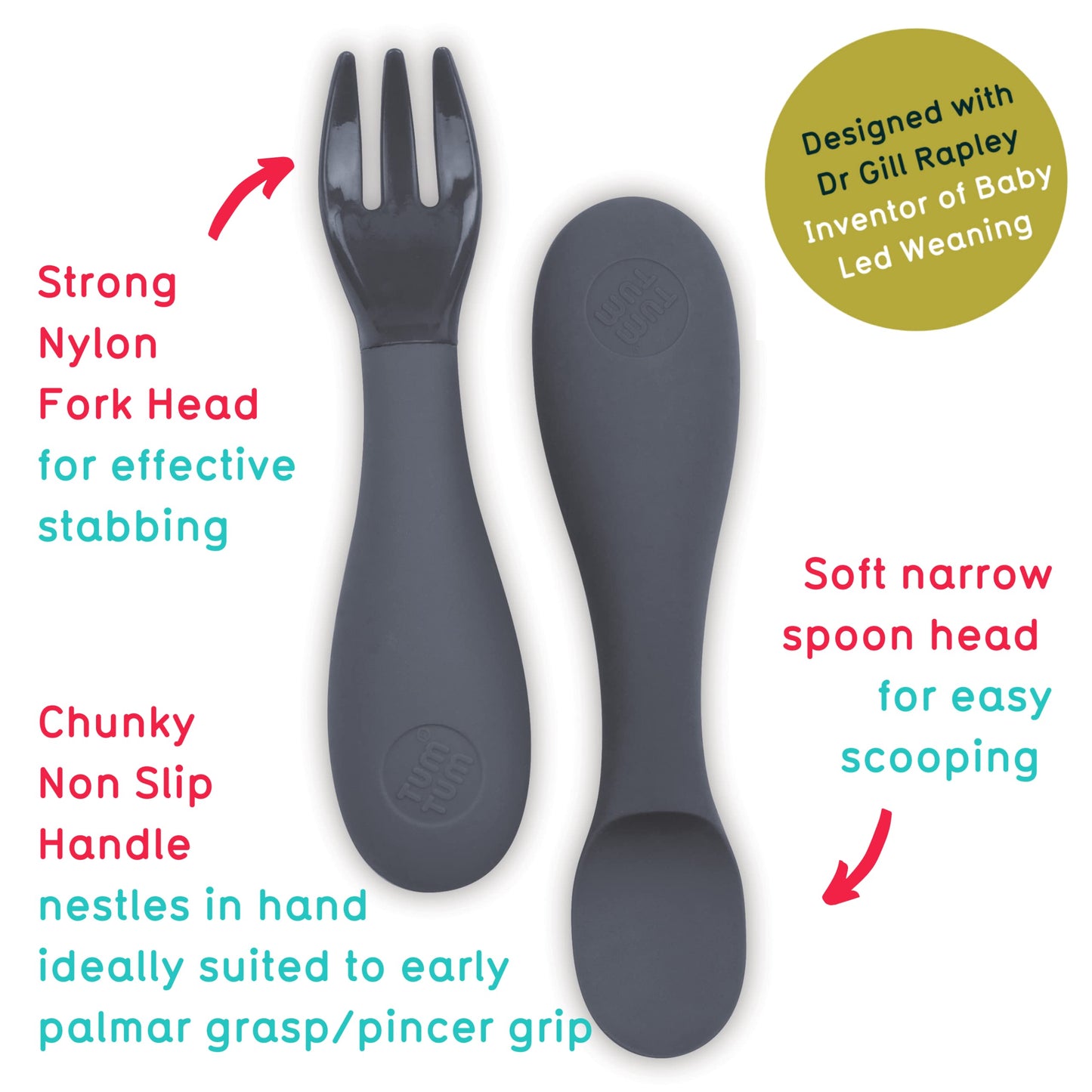 TUM TUM Baby Cutlery Set With Case, Spoon & Fork for Self Feeding, Silicone, 6 Months Plus (Grey)