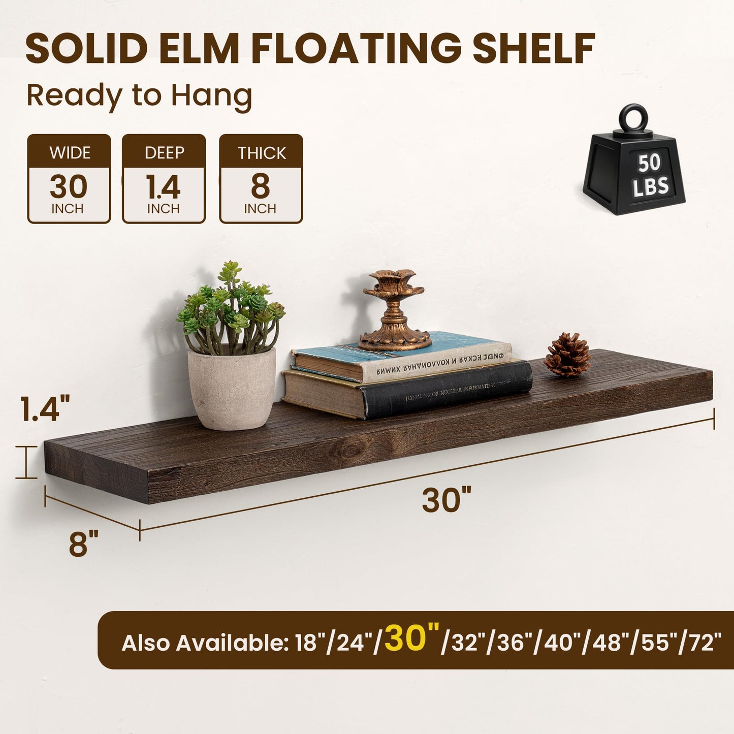 Dreamland Rustic Elm Woood Floating Shelves for Wall Decor, 30" W x 8" D x 1.5" H Floating Shelves Set of 2, Wall Mounted Deep Wooden Shelf for Living Room, Bedroom, Kitchen, Bathroom, Walnut