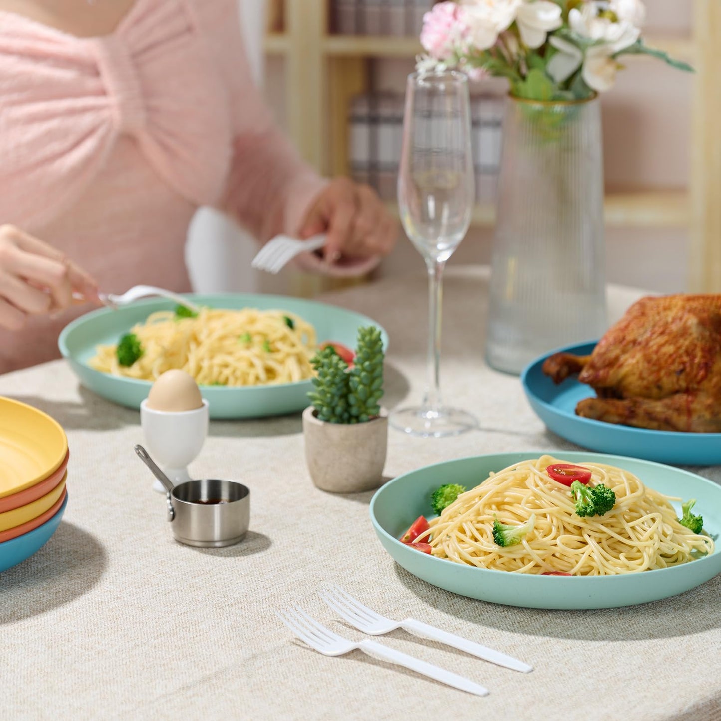 Luckore 10 inch Deep Dinner Plates Set of 8 Wheat Straw Plates, Unbreakable Dinner Dishes Alternative for Plastic Microwave and Dishwasher Safe for Kitchen with 4 Colors Classic Bright