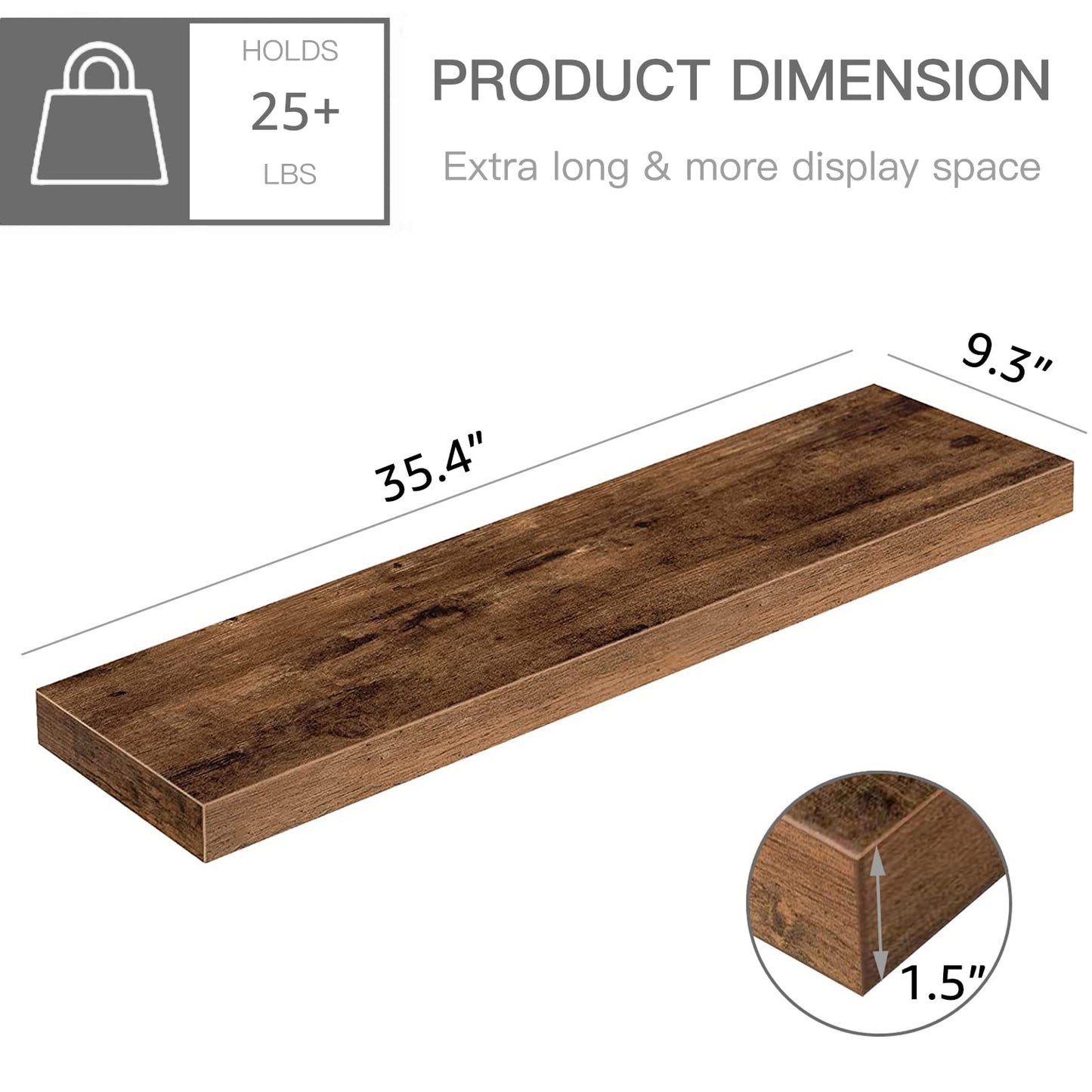 QEEIG Floating Shelves for Wall 35.4" Long - Wall Mounted Shelf Bathroom Kitchen Living Room Bedroom Farmhouse Home Decor Display Bookshelf Large 35.4 x 9.3 inch Set of 2, Rustic Brown (008-90BN)