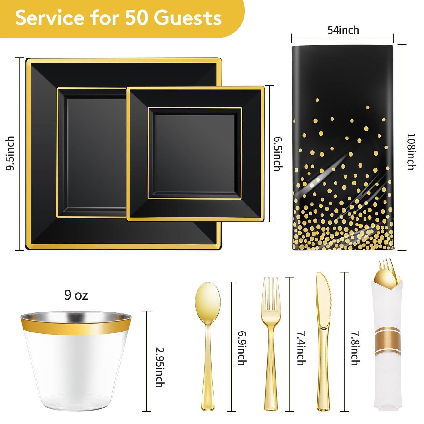 Goodluck 352 Pieces Black Dinnerware Set for 50 Guests, Black Square Plastic Plates with Gold Trim, Include: 100 Plastic Plates, 50 Rolled Napkins, 50 Cups, 50 Cutlery Set and 2 Tablecloth