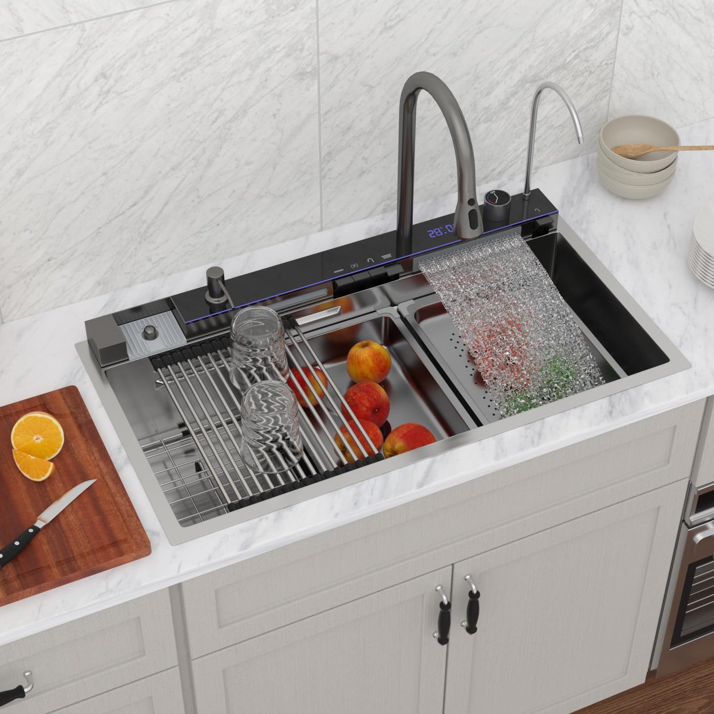 Logmey 36" Smart Dual Waterfall Sink with Digital Display,Water Purifier,Nano PVD Drop in Kitchen Sink with Faucet,16 Gauge Stainless Steel Sinks with Temperature Control Knob,5 Buttons,36x19x9