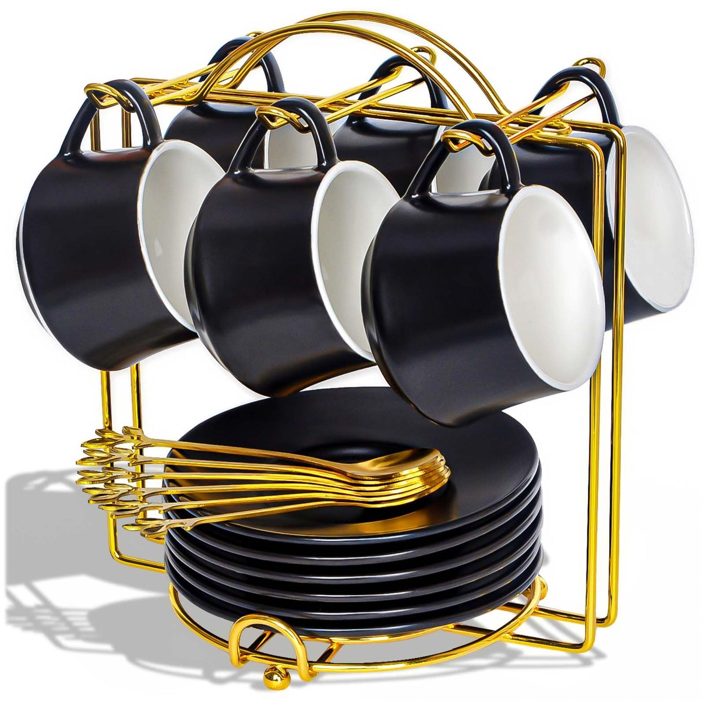 Lareina 3-Ounce Porcelain Espresso Cups Set of 6, Stackable Coffee Cups with Saucers, Spoons and Metal Stand, Ceramic Demitasse Mugs, Espresso Accessories for Machine, Black