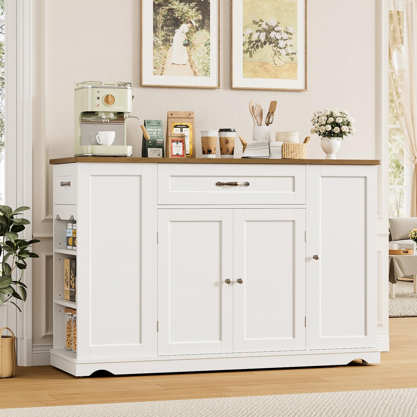 HOSTACK Kitchen Island Cart with Storage, 47'' Kitchen Storage Island on Wheels with 2 Drawers, Rolling Island Table with Adjustable Shelves, Mobile Buffet Sideboard Cabinet for Dining Room, White