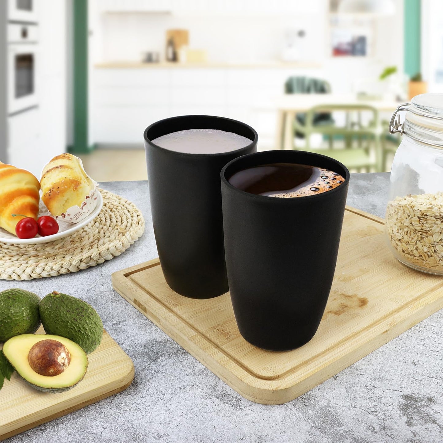 BUSOKIP 20 OZ Wheat Straw Cups SetS of 6, Unbreakable Drinking Cup, Alternative to Plastic Cups Reusable, Microwave & Dishwasher Safe Big Cup, Large Drinking Glasses for Kitchen, Party (Black)