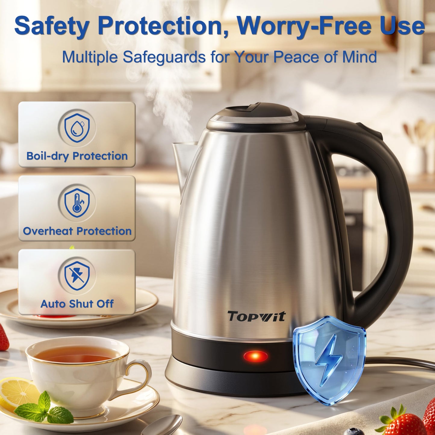 TOPWIT Electric Kettle, 2.0L Hot Water Kettle Electric, BPA-Free Stainless Steel Tea Kettle, Electric Kettles for Boiling Water with Fast Boil, Auto Shut-Off & Boil Dry Protection, Silver