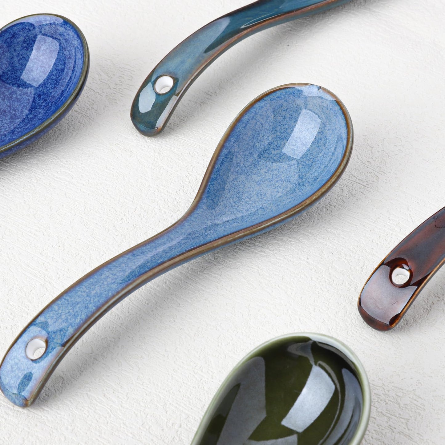 Soup Spoons Set of 5, Asian Soup Spoons Ramen Spoons, Christmas Ceramic Chinese Spoon Set for Soup, Cereal, Pho, Noodles, Dumpling, Miso, Wonton