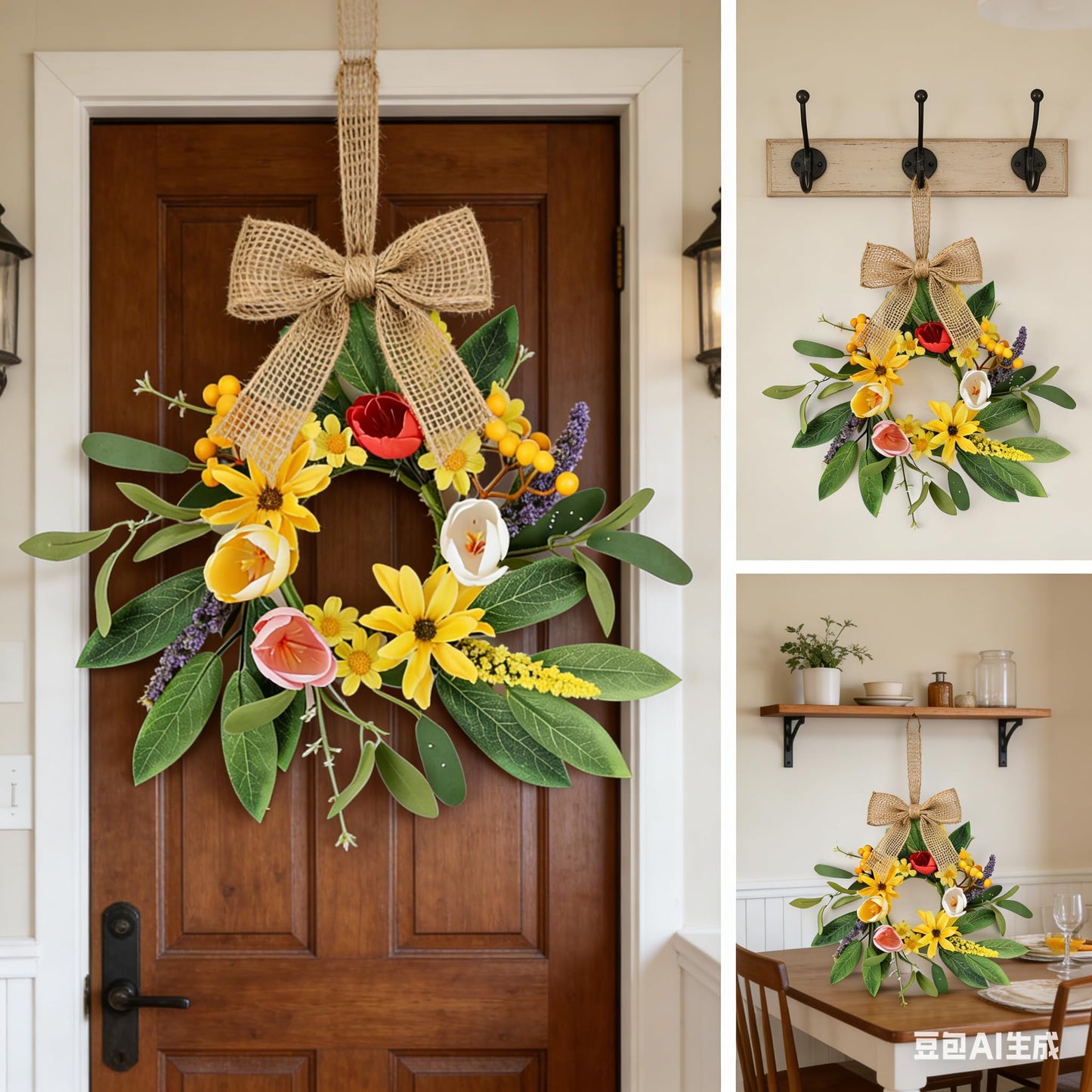 6 Pcs 9'' Mini Spring Wreaths for Kitchen Cabinets Decor Small Tulip Floral Wreaths with Rose Tulip Flowers for Spring Wall Window Porch Home Wedding Party Decor