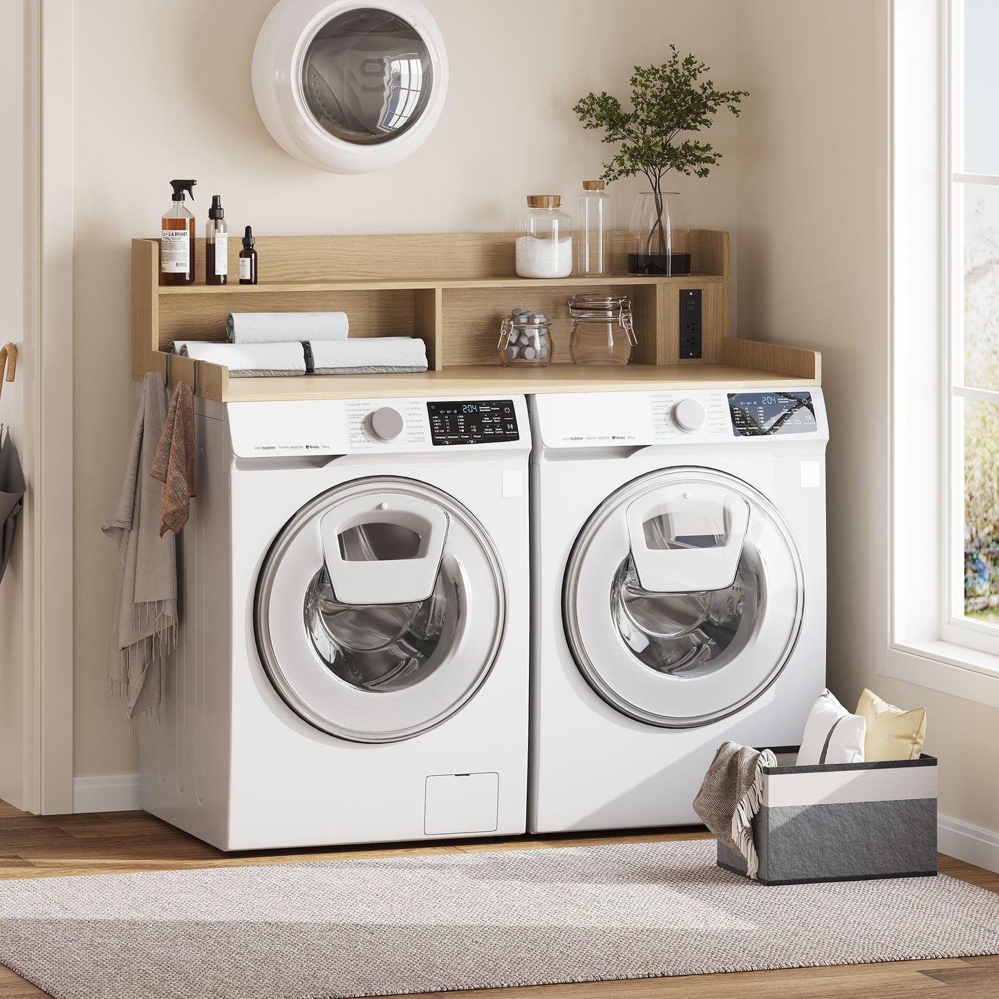 ZYKZYK Upgraded 2-Tier Washer and Dryer Countertop with Power Outlet,54" W x 27.6" D Large Laundry Countertop for Fold Clothes, Laundry Topper with Non-Slip Pads & Metal Hooks and Storage Basket