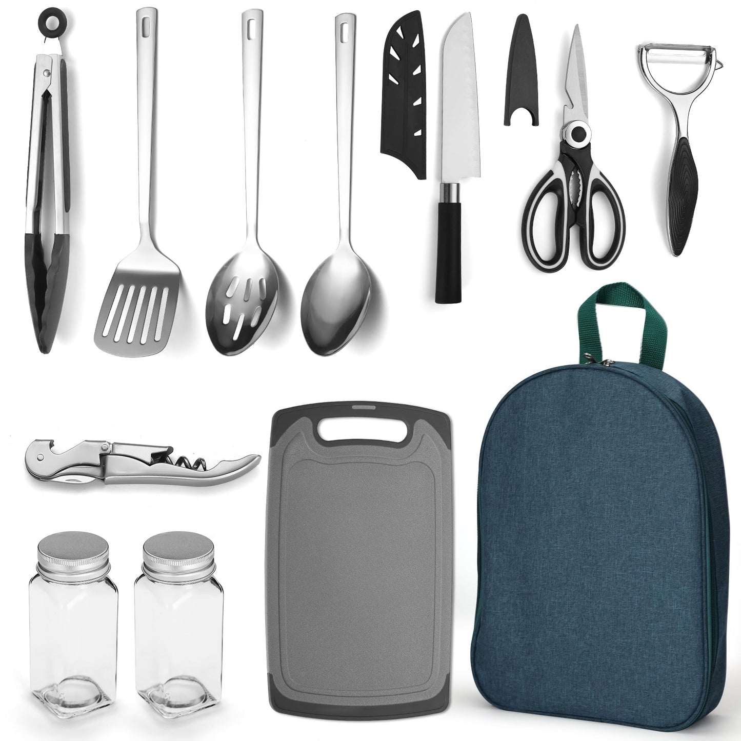 Evanda Camping Kitchen Cooking Utensil Set 10 Piece, Stainless Steel Outdoor Cooking and Grilling Utensil Organizer Travel Set Perfect for Travel, Camping, RVs, BBQs, Picnics, Parties and More