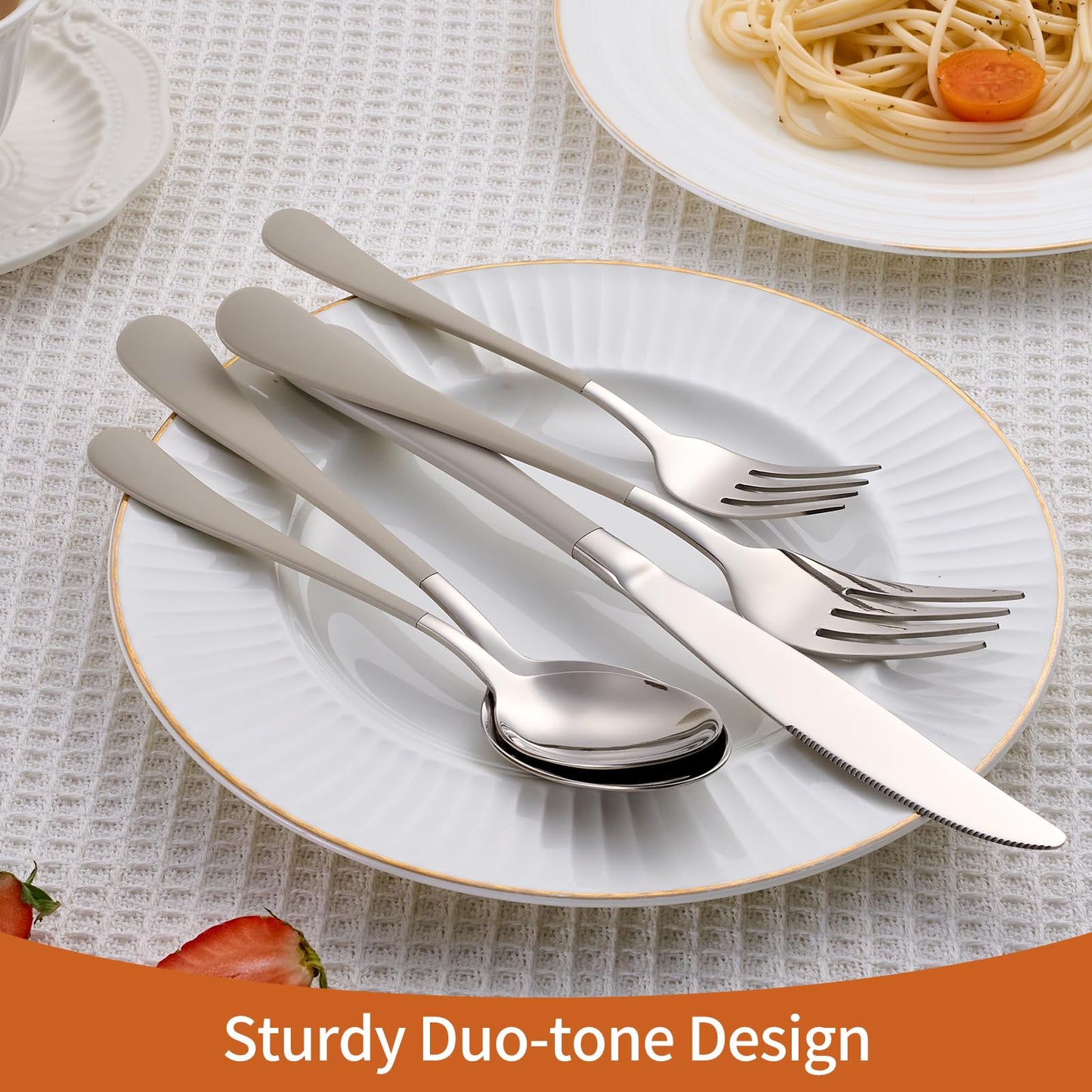 Lekoton 20 Piece Cream Grey 18/0 Flatware Utensil Set for 4, Include Dinner Knife,Dinner Forks,Dinner Spoons,Salad Forks,Teaspoons,Silverware Set for 4, Dishwasher Safe