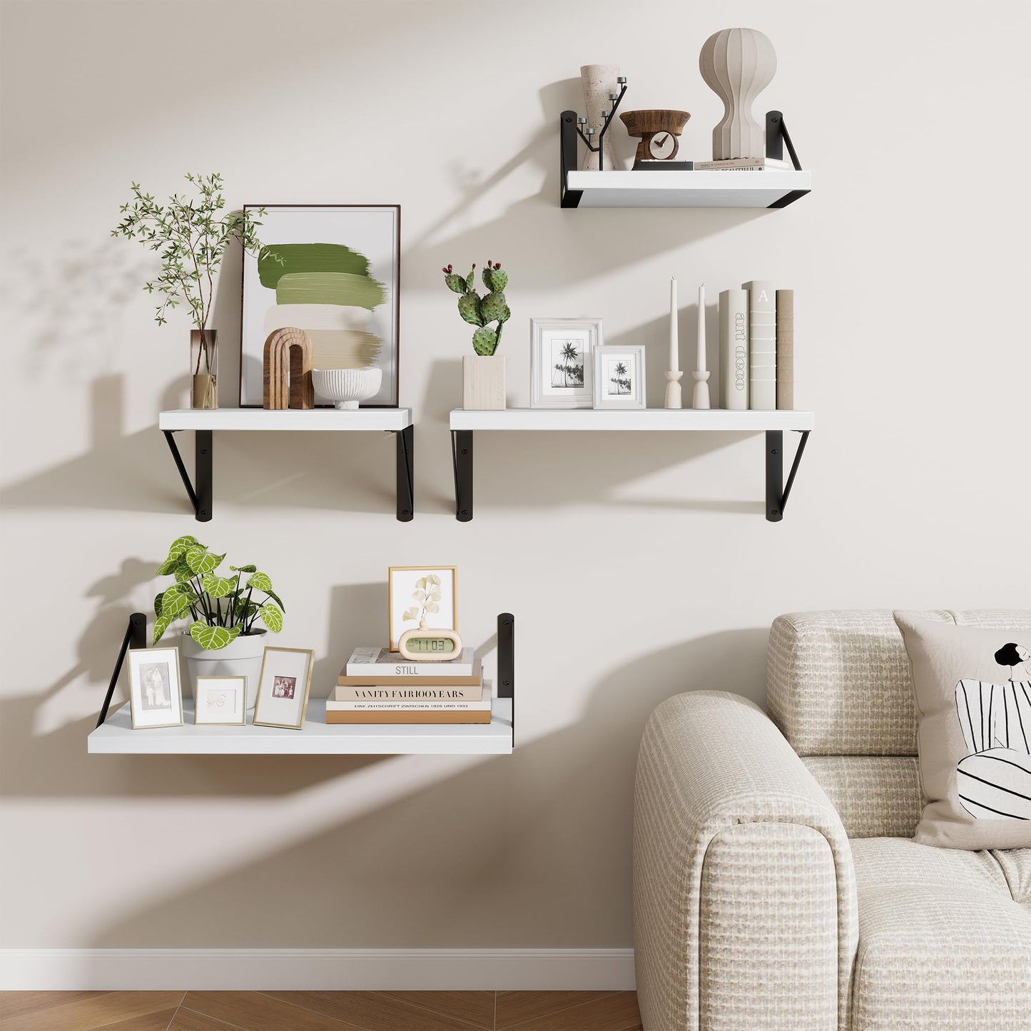 Deep Wall Shelves 30"W x 12"D Engineered Wood Floating Shelves for Wall, Sturdy Metal Bracket Bookshelves Home Decor Storage for Living Room Bedroom Bathroom Kitchen, Set of 2, White Finish