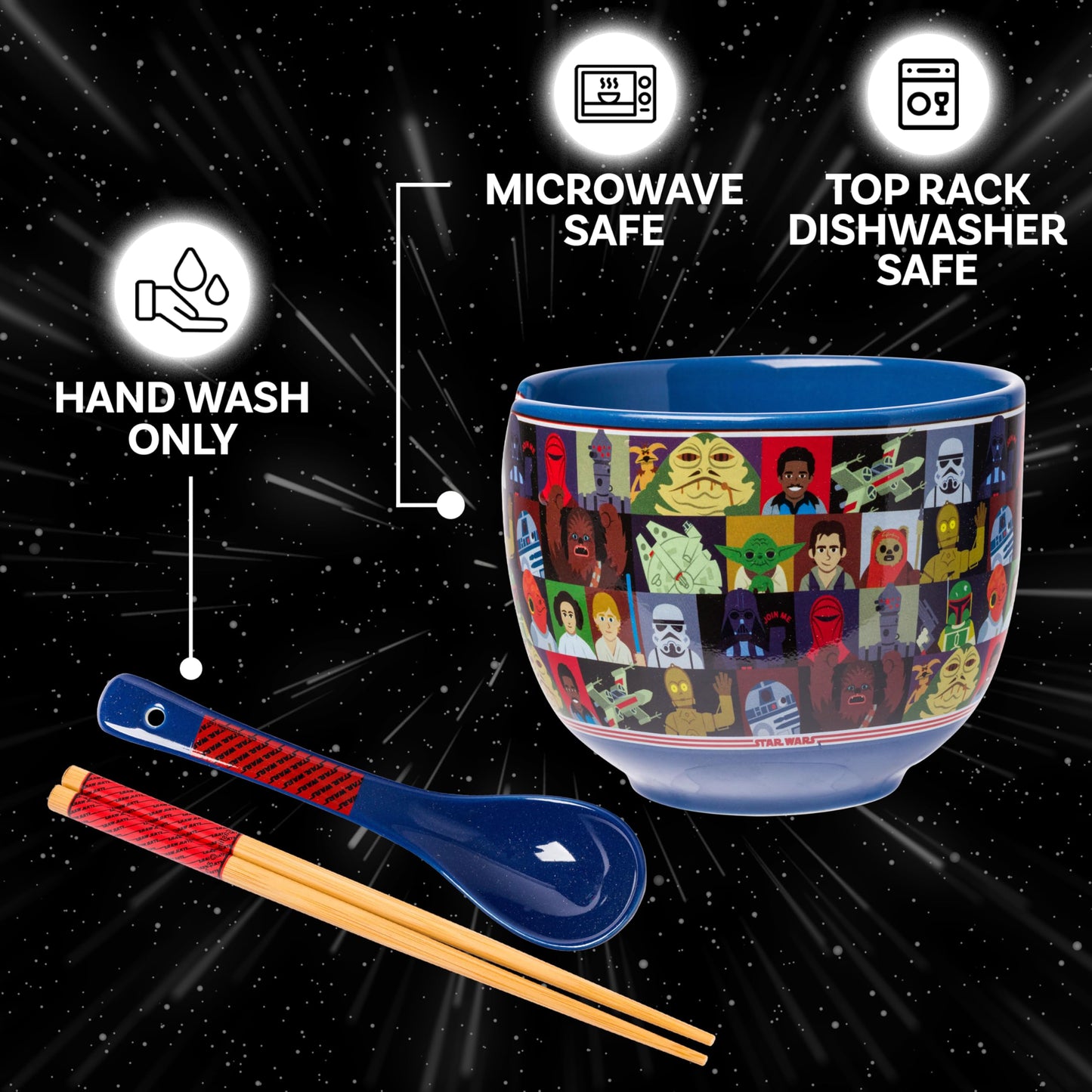 Silver Buffalo Star Wars Characters Ceramic Ramen Noodle Rice Bowl with Chopsticks and Spoon, Microwave Safe, 20 Ounces