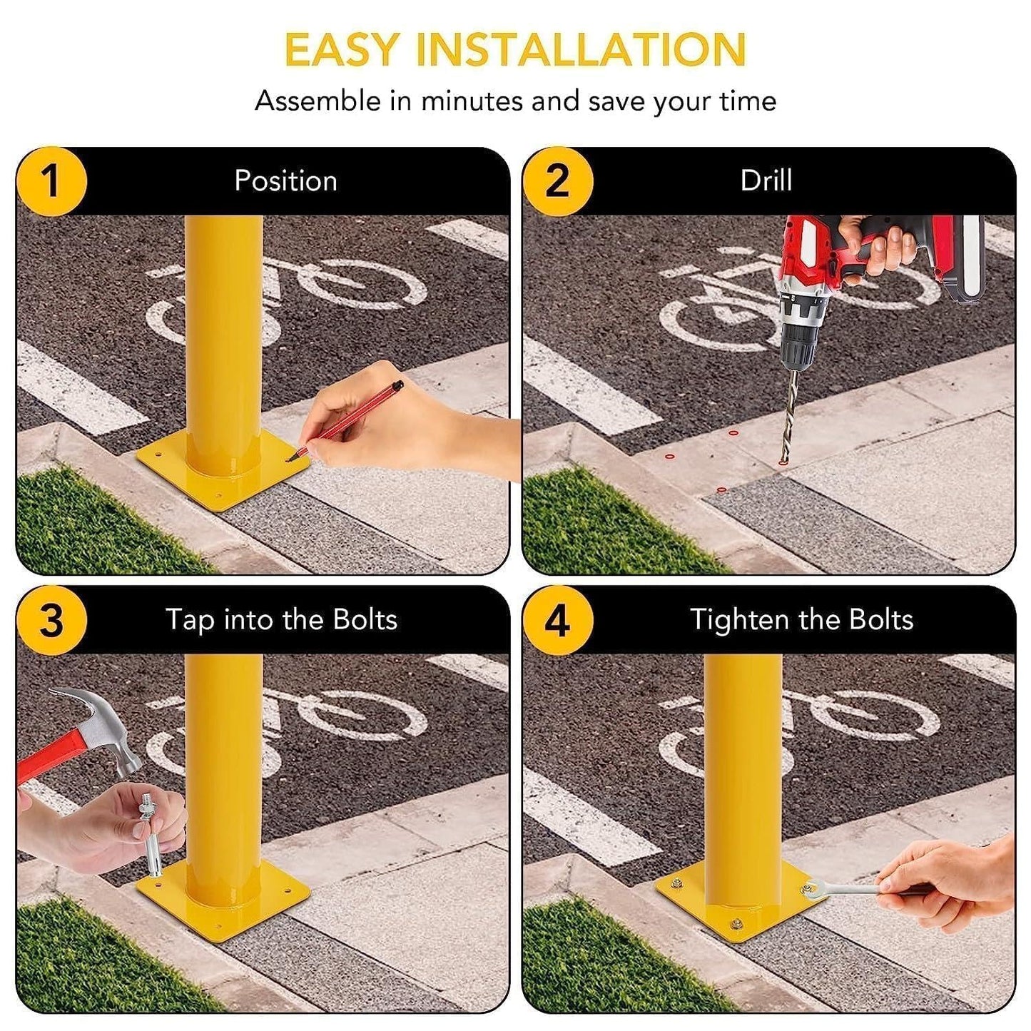 6-Pack 48 Inch Steel Safety Bollards, 4.5 Inch Diameter Parking Bollard Post with 24 Anchor Bolts, Yellow Safety Steel Bollard Post for Driveway Barrier, Traffic Control & Storefront Protection