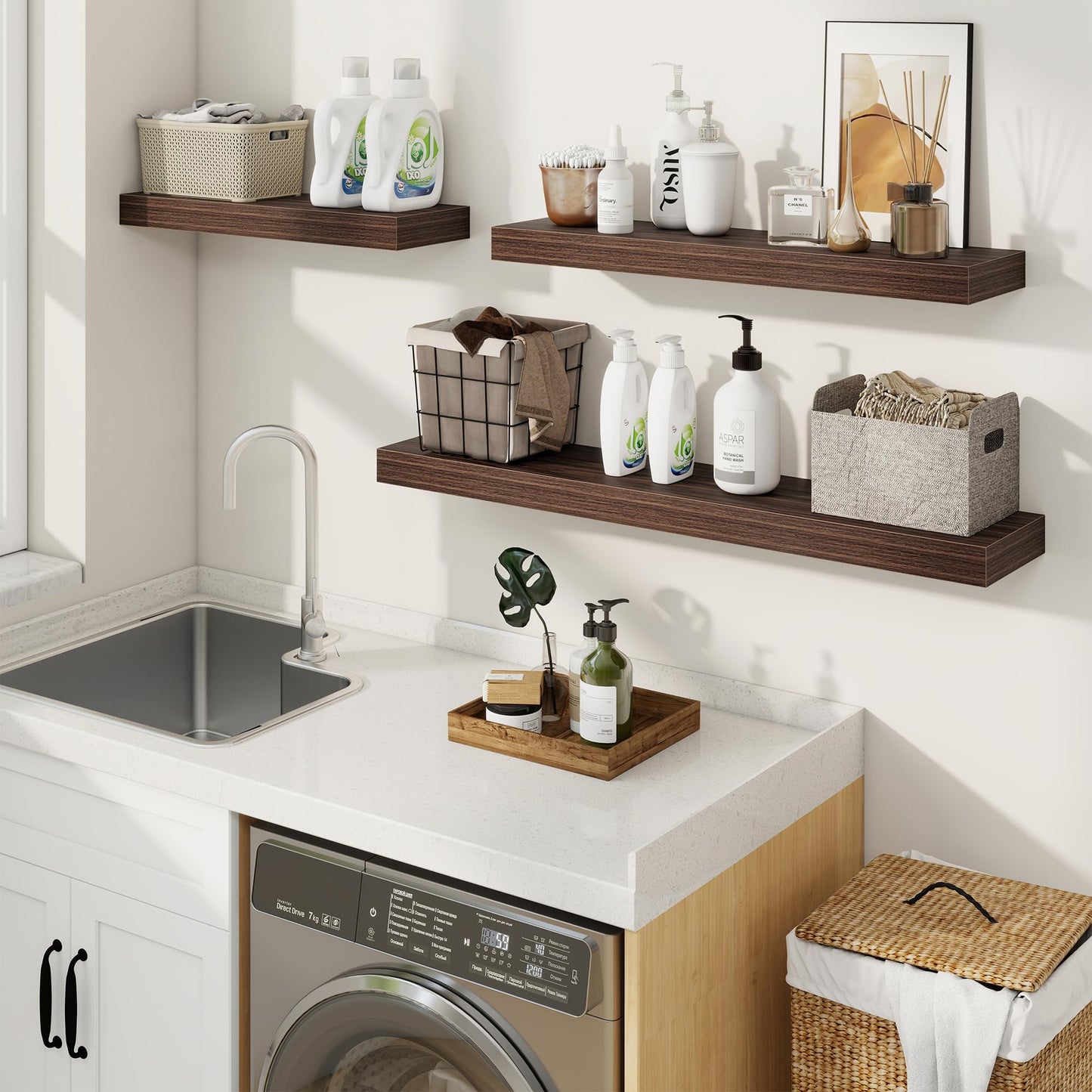 fuqing Floating Shelves for Wall, Wall Mounted Wood Floating Shelf with Invisible Brackets for Living Room, Bathroom, Bedroom, Kitchen Storage and Decor, 16 Inch Set of 2, Walnut