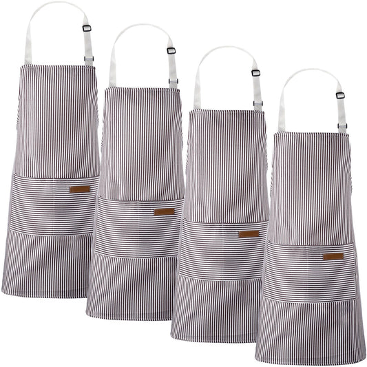 Handepo 4 Pcs Kitchen Aprons with Pockets Adjustable Waterproof Cotton Aprons Striped Apron for Women Men Chef Gift for Dad(Narrow Stripes,Gray)