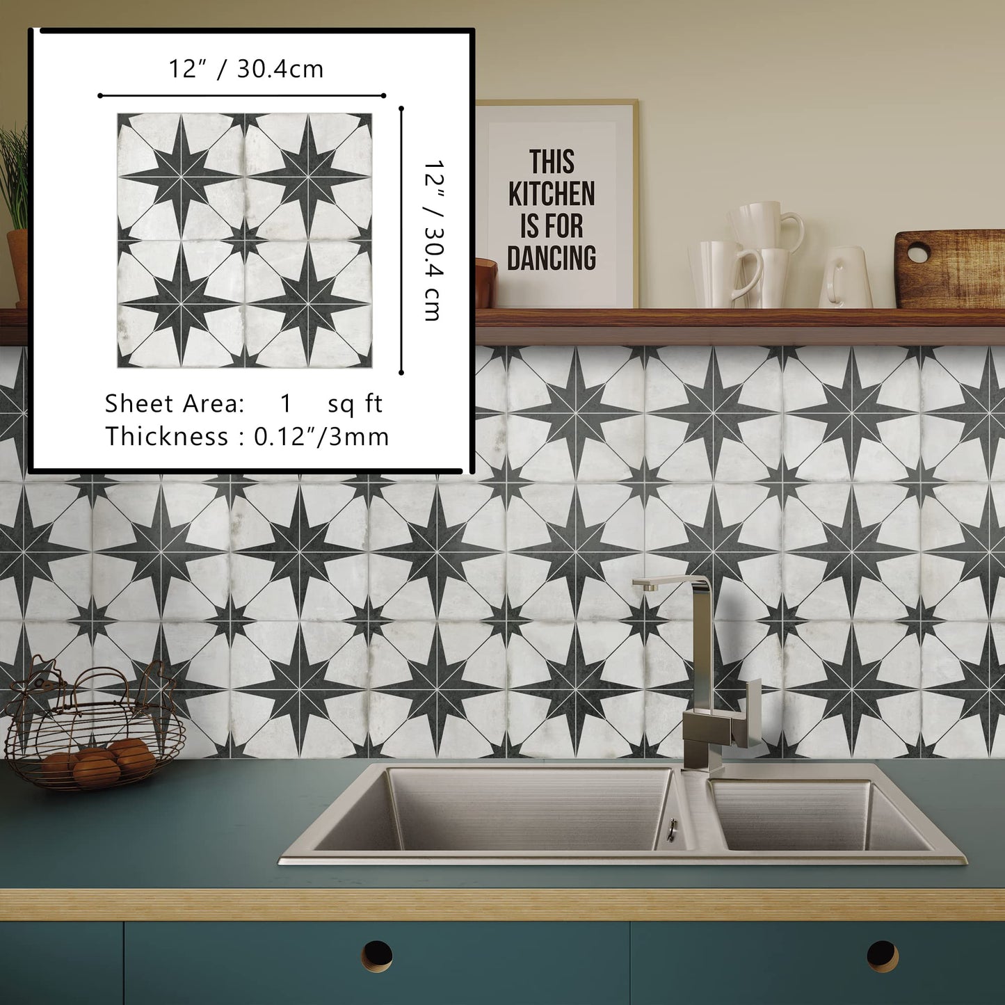 The Tiles Plaza Encaustic Peel and Stick Backsplash, Black Star Patterned Vintage Stick on Tiles, Stone Composite Self-Adhesive Wall Tile Sticker for Kitchen Bathroom Fireplace Stairs, 10 Sheets