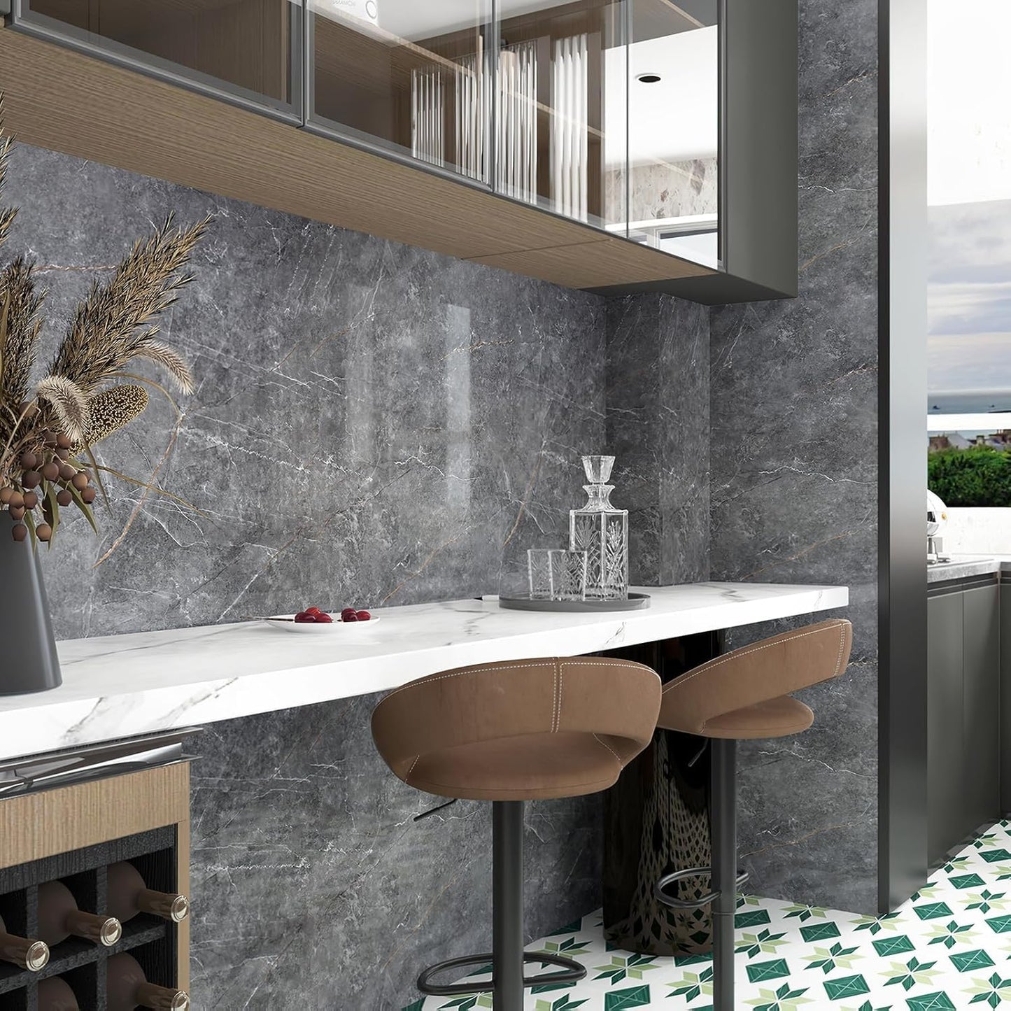 BOMENG Glossy Marble Contact Paper Granite Grey Peel and Stick Wallpaper for Bathroom Kitchen Cabinets Countertops Furniture Renovation, Removable Waterproof Self-Adhesive Vinyl Wrap 24" x 197", Gray