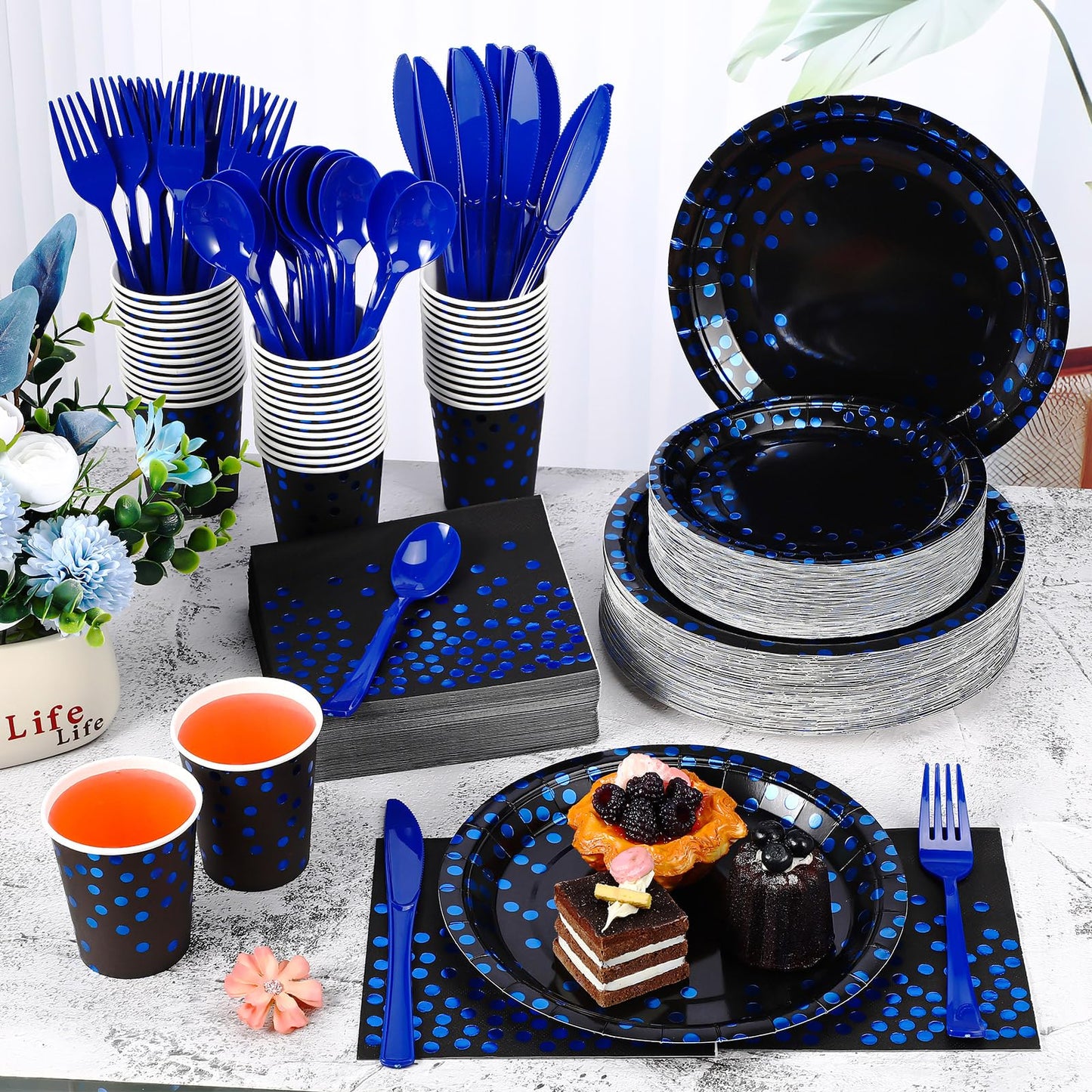 Sieral 560 Pcs Blue and Black Paper Plates Party Tableware Set Serve 80 Includes Disposable Paper Cups Forks Knives Spoons and Napkins Party Decor Supplies for Birthday Graduation Wedding and Holiday