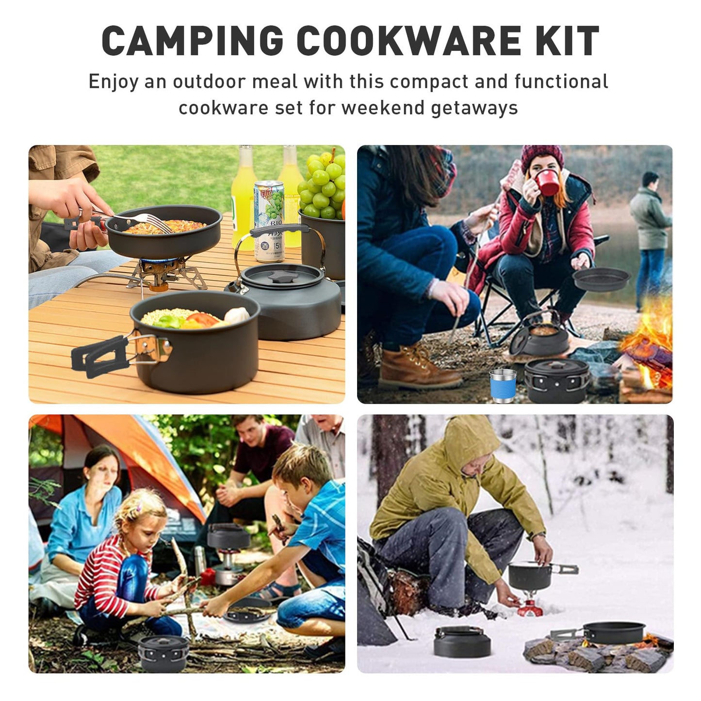 Camping Cookware Camping Cooking Set, Non-Stick Camp Pots Pans with Stove Kettle, 2 Stainless Steel Plates, 2 Water Cups, 2 Sets of Knives & Forks, Spatula, Dish Towel, Carry Bag, for Outdoor Cookset