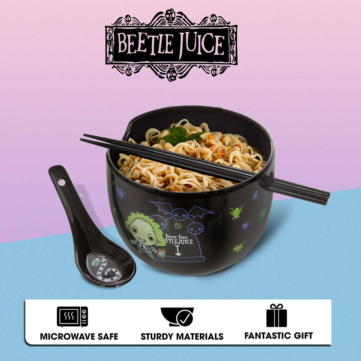 Culture Fly Beetlejuice Microwave Ramen Bowl Set with Chopsticks and Spoon, 20 oz Ceramic Instant Noodle Bowls with Chopsticks, Ramen Noodle Bowl, Rice Bowl Anime Gifts for Men