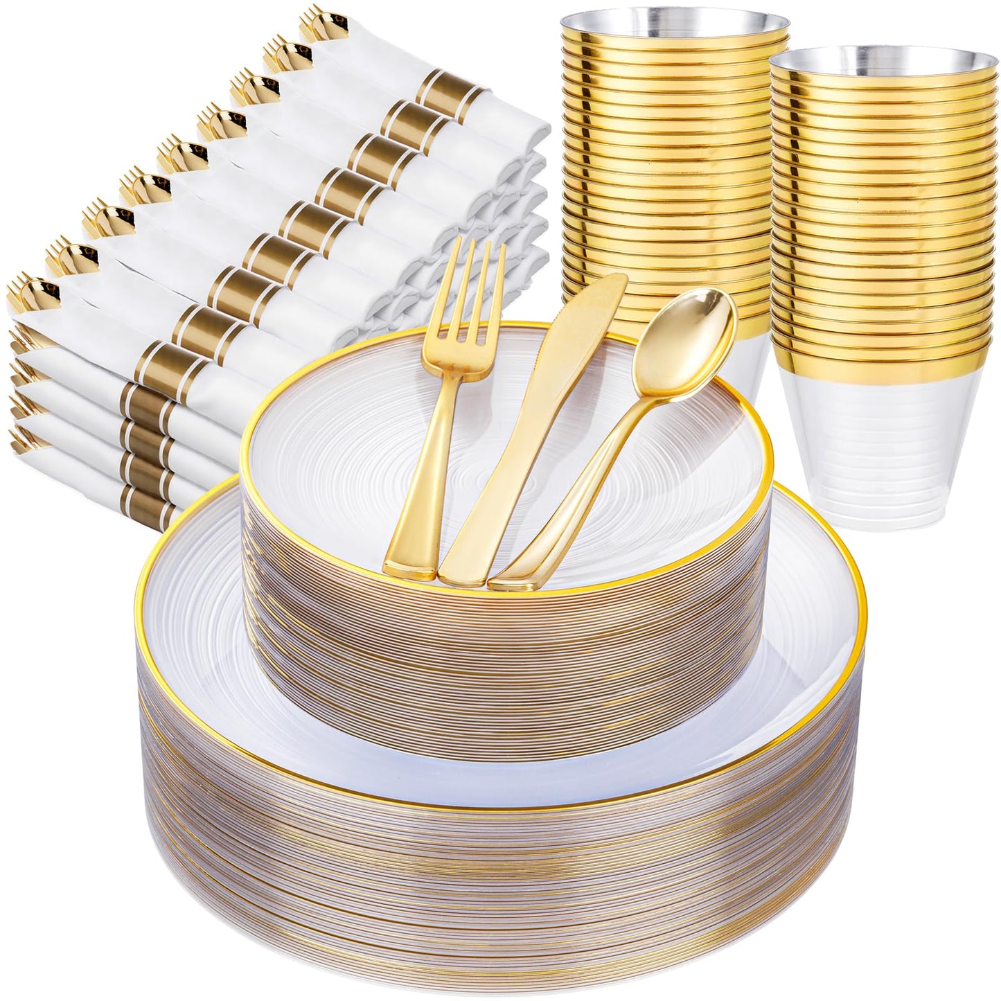 Morejoy 350PCS Clear Gold Plastic Plates - Disposable Gold Party Plates & Pre Rolled Napkins with Cutlery for 50 Guests, 100Plates, 150Silverware, 50Cups, 50Napkin for Party & Mother's Day