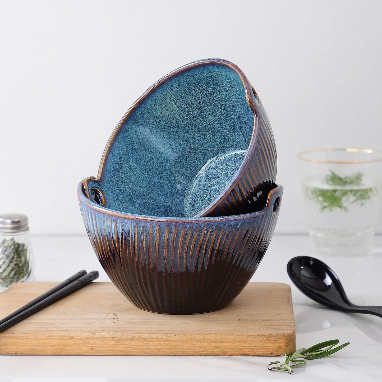 STE-CER Ceramic Ramen Bowl with Chopsticks and Spoons Set, 6.7 Inch Noodle Bowl Set for Pho Udon Soba, Set of 2 (Sky Blue)