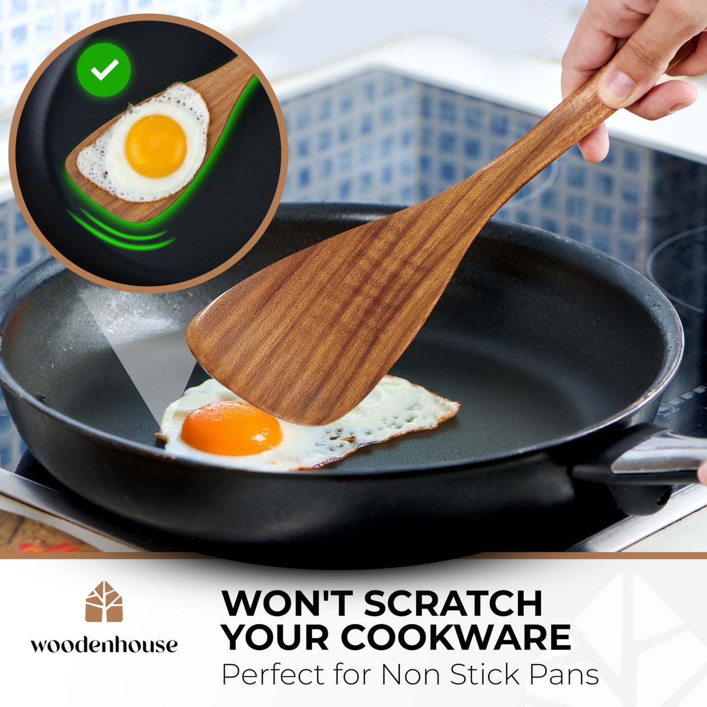 Wooden Spatula for Cooking, 12 Inch - Easy to Clean, Long-Lasting & Sturdy Natural Acacia Wood Spatula for Cooking - Wooden Spatulas with Comfortable Handle, Perfect for Flipping, Turning & Frying