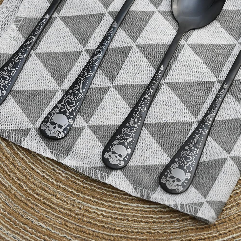 MUJINON Skull Black Silverware Set for 4, 20-Piece Black Flatware Set, Gothic Skeleton Cutlery for Decoration, Halloween, Christmas, Party, Gift, Housewarming