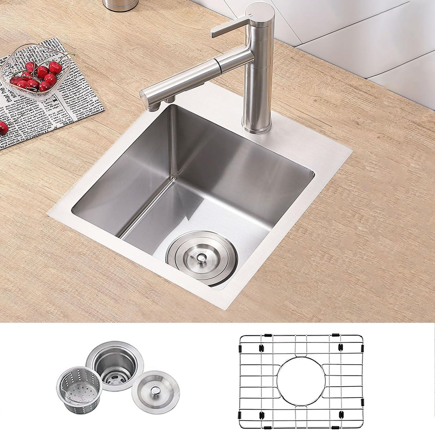 VCCUCINE Bar Sink Drop in,13x15 Inch Topmount RV Small Kitchen Sink,Handmade Stainless Steel Wet Bar Sink,Outdoor Single Bowl,Brushed Nickel Prep Sink with Accessories