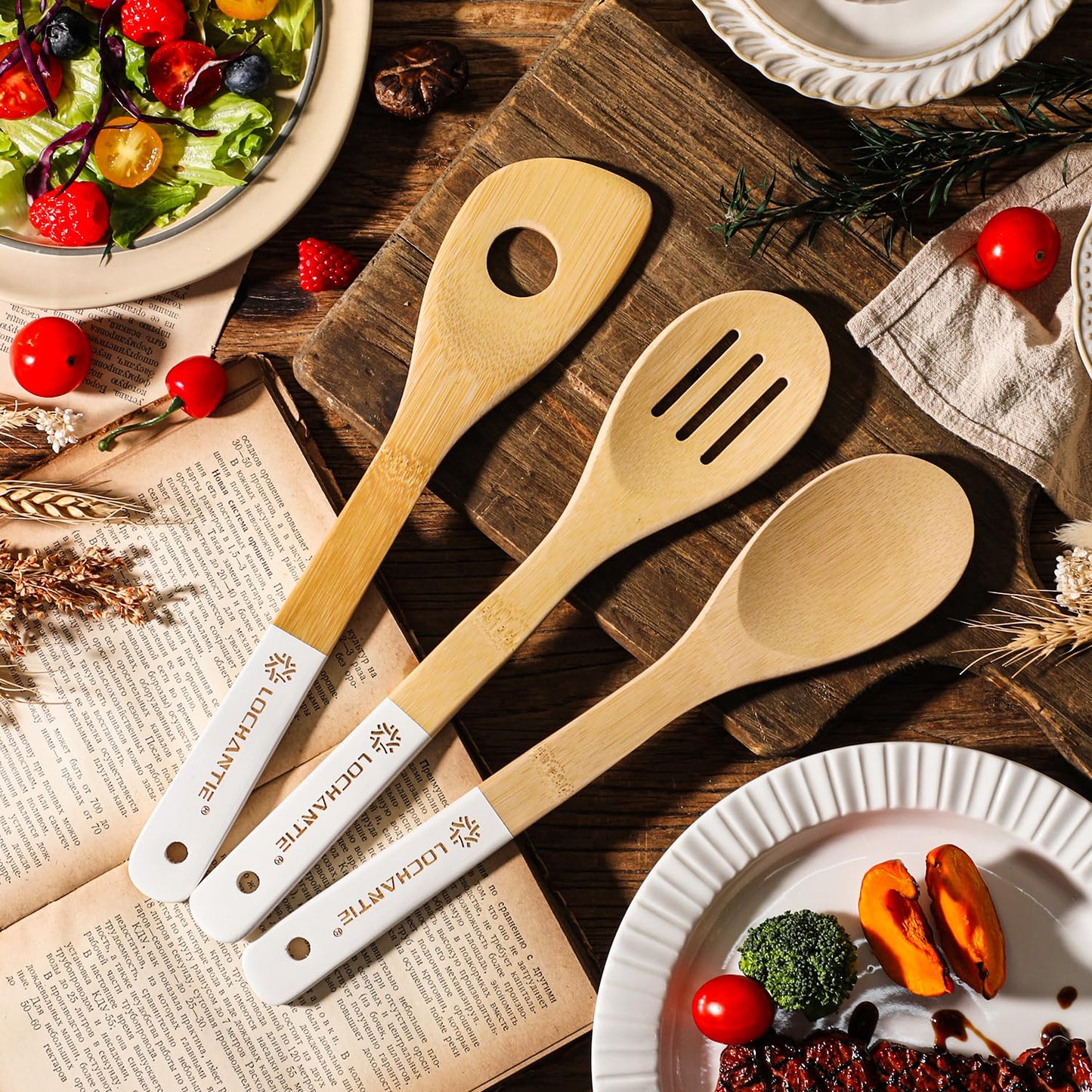Wooden Spoons for Cooking Bamboo Utensils Set (6 Pieces) - Essential Tools Wooden Spatula & Spoons for Everyday Stirring, Mixing, Flipping & Serving, Gentle on Nonstick Cookware, White