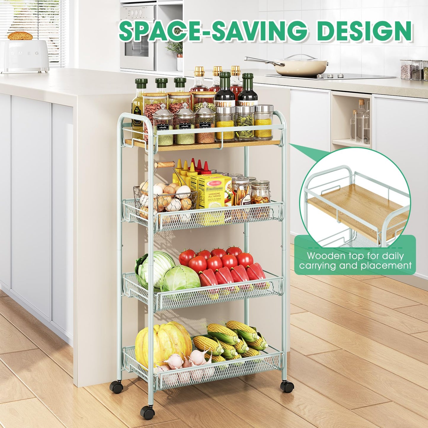 TOOLF 4-Tier Rolling Cart, Metal Utility Cart, Slide Out Storage Cart with Wooden Tabletop and Mesh Baskets for Narrow Space on Kitchen Bathroom Laundry Room Bedroom Apartments Dormitory (Green, Wide)