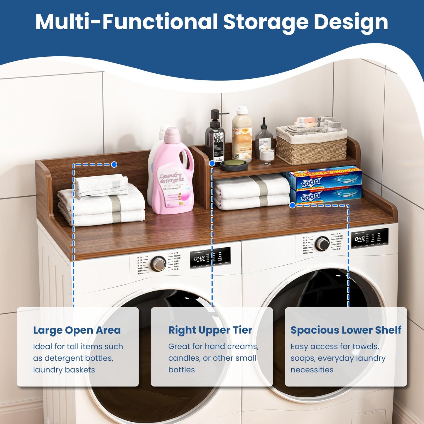 BREENHILL Washer Dryer Countertop with Open Storage Shelf & Raised Edge Guard, Laundry Room Storage Shelf Over Washer Dryer, Non-Slip Wood Organizer Topper, Walnut Finish