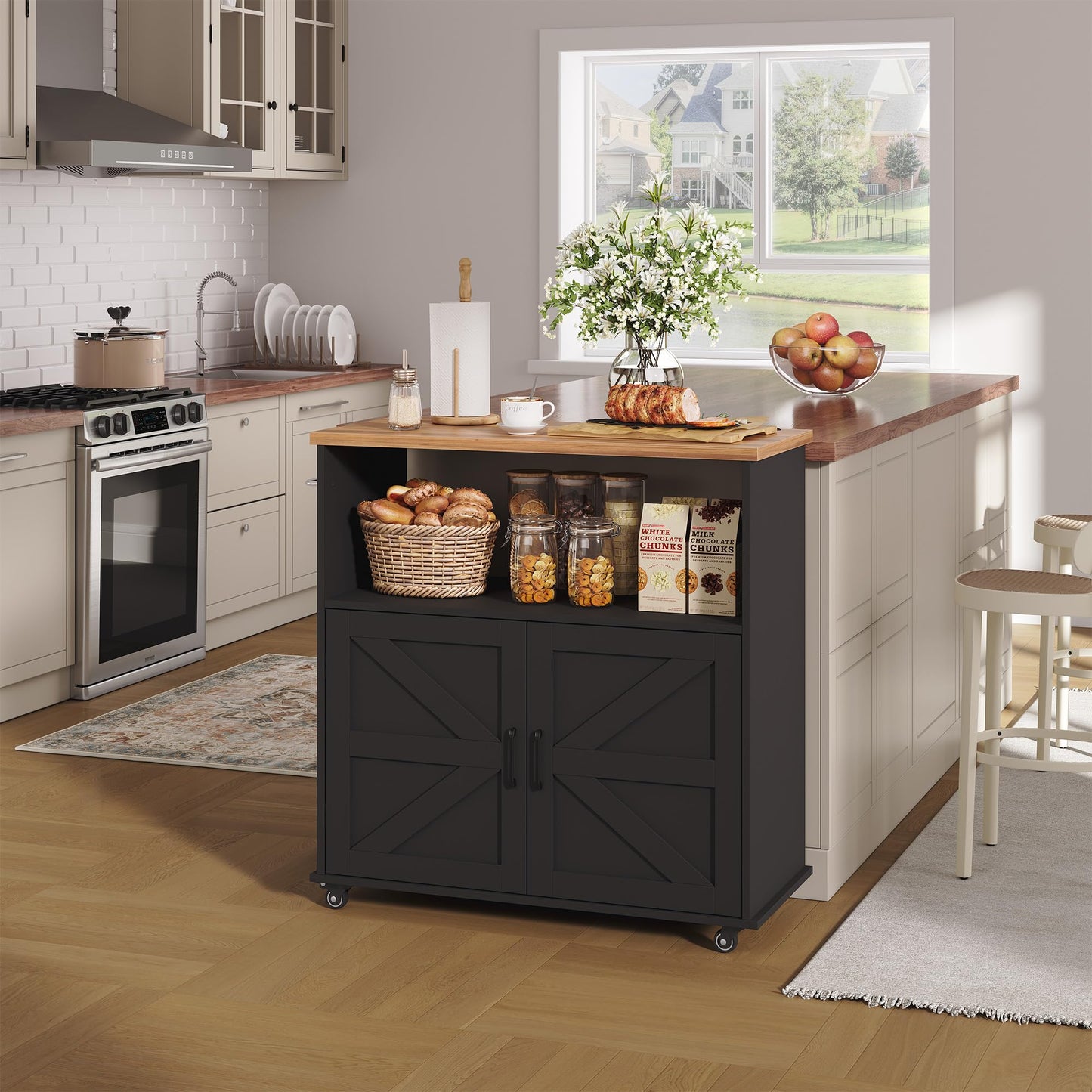 Garvee Rolling Kitchen Island with Storage Cabinet, 40.4'' Width Kitchen Cart, Portable Mobile Kitchen Island with Towel Rack, Wood Top and Lockable Wheels for Kitchen, Dining Room