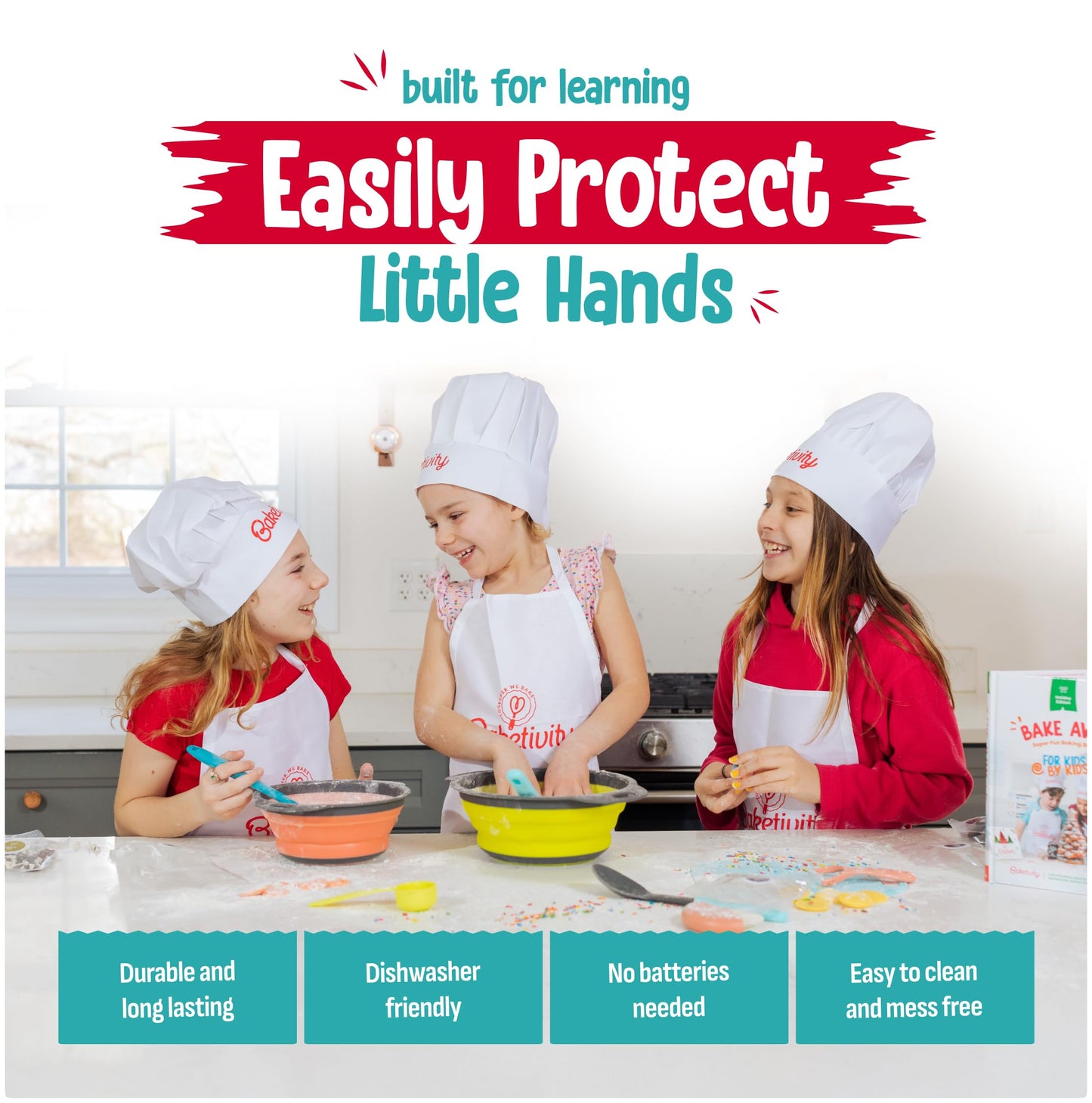 Baketivity Kids Cooking Set Real Utensils With Kitchen Tool Guide - Complete Junior Cooking Set Gift For Girls Or Boys With Mixing Bowls, Cutting Board, Knife, Apron - Kids Baking Set For Real Cooking
